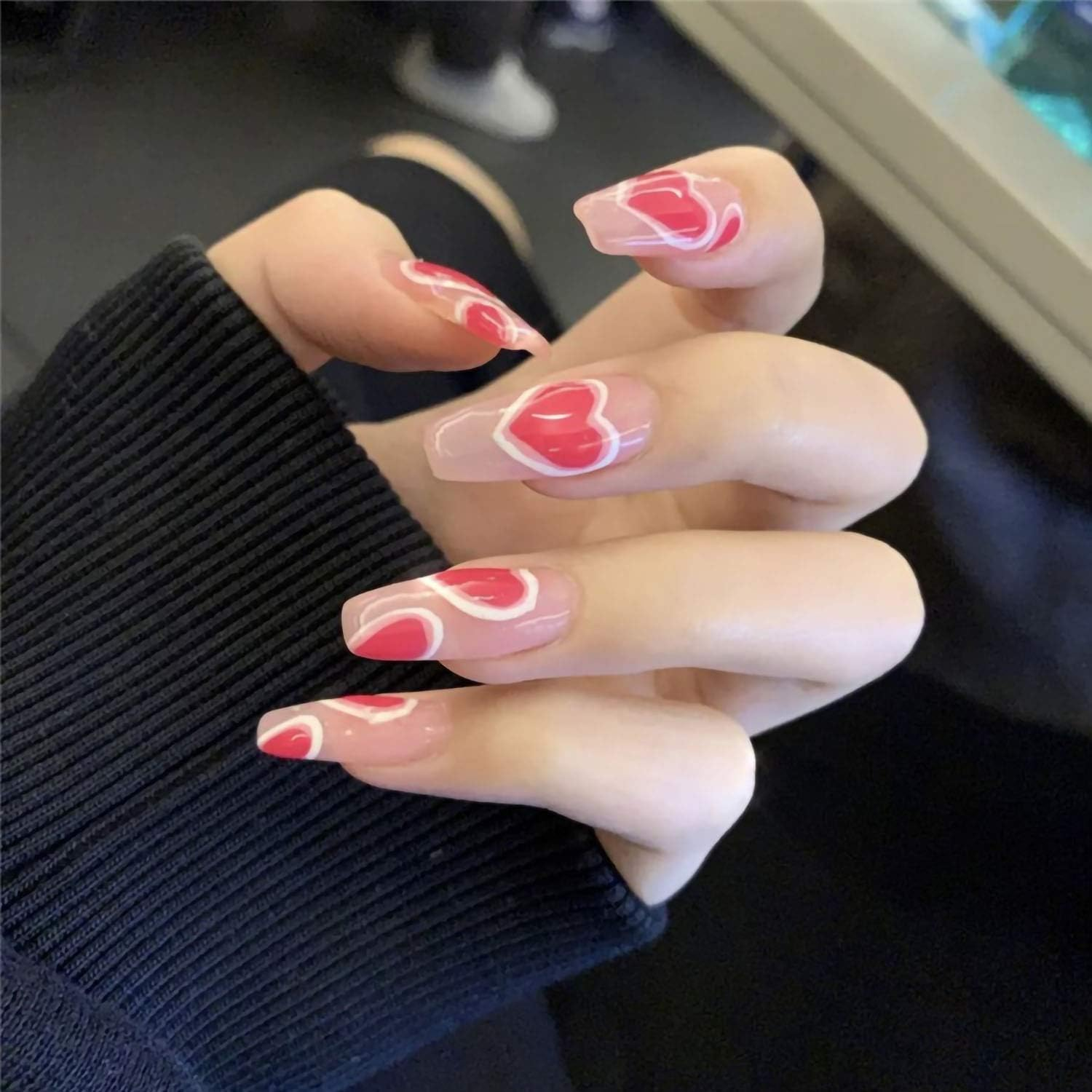 Love Heart Press on Nails,24Pcs Rose Red Full Cover Long Coffin Fake Nails Love Style Design Nails for Women and Girls image number 6