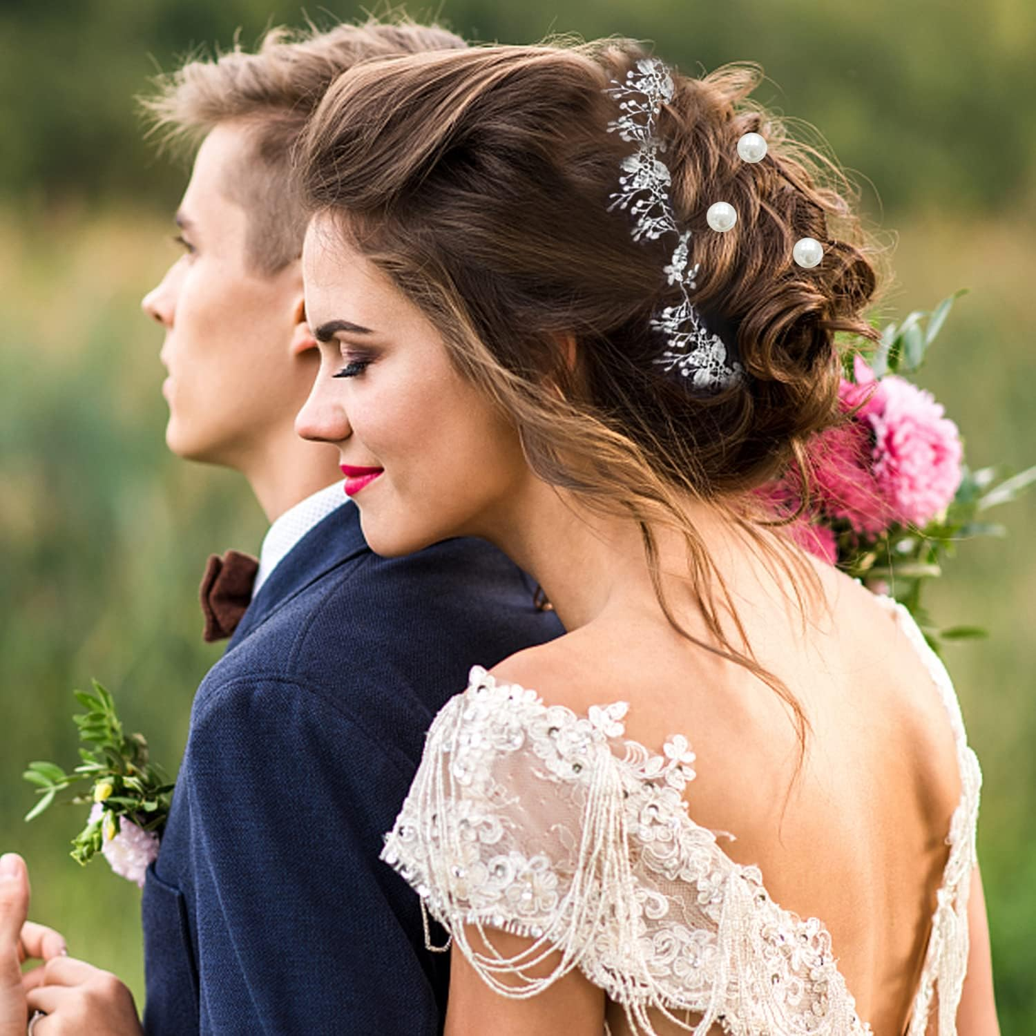 50Cm Vine Headband with 1 Piece Rhinestone Flower Hairpin and 5 Pieces U Shape Beaded Clips Vine Crystal Bridal Hair Accessories Suitable for Wedding (Silver) image number 4