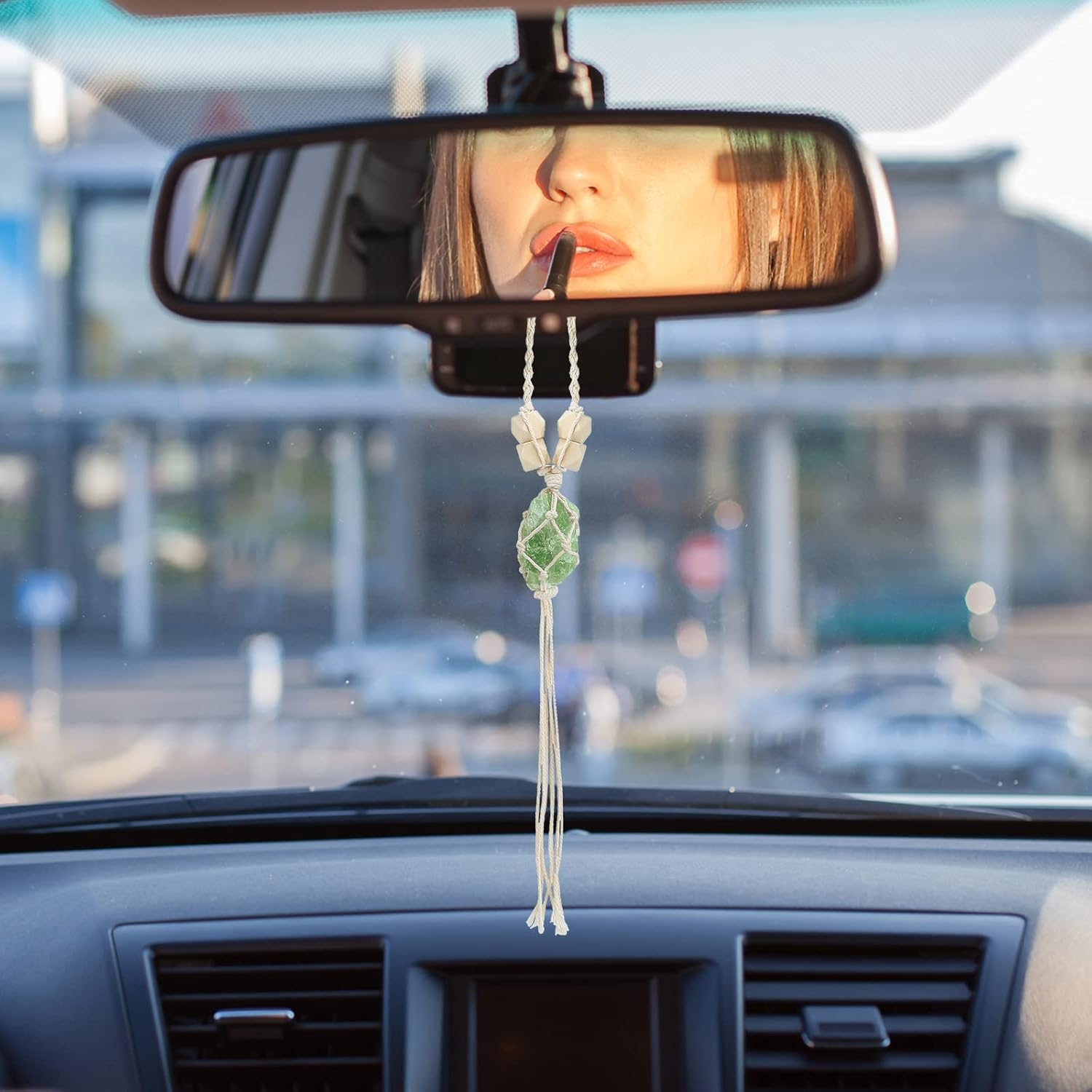 BBTO 4 Car Accessory Set, Steering Wheel Cover, Ceramic Coasters, Daisy Flower Clip Air Freshener, Crystal Hanging Ornament for Women(Sage Green) image number 4