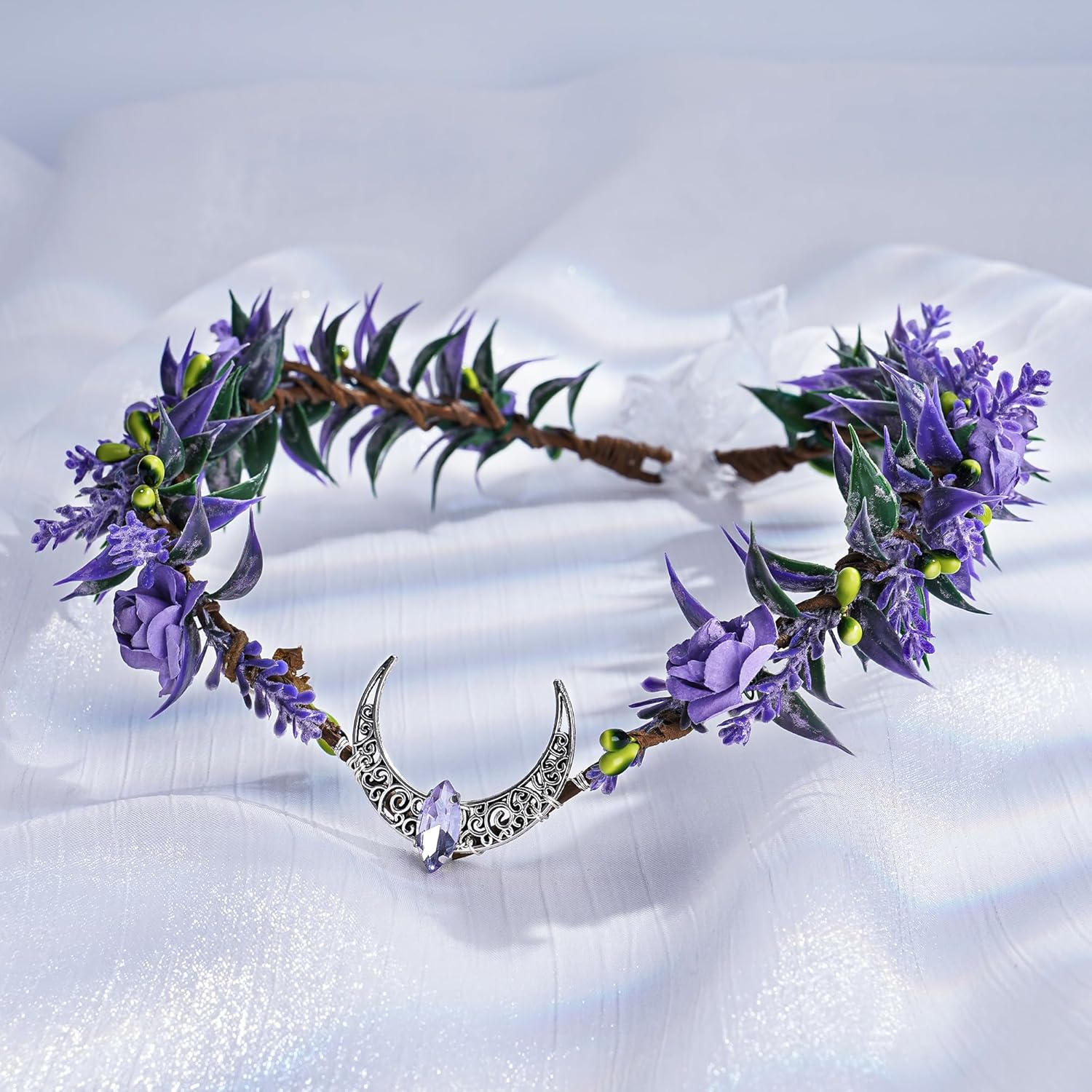 MOSTORY Purple Elf Headpiece for Women Moon Fairy Headpiece for Renaissance Party Flower Fairy Crown for Halloween Photo Shoots