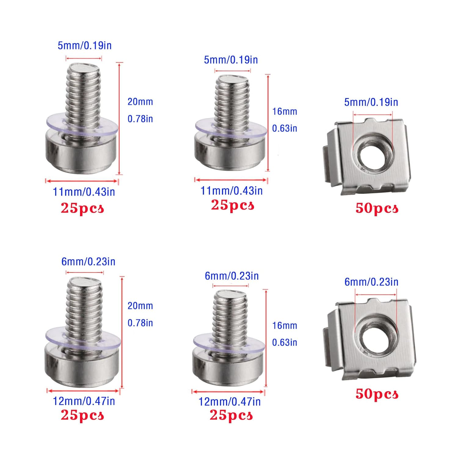 100Sets/200Pcs M5 M6 Cage Nuts Screws and Washers Set,Ymaiss Metric Square Hole Hardware Cage Nut Screws and Washers for Rack Mount Server Shelves Cabinet,Routers Server Rack Silver Upgraded Box image number 2