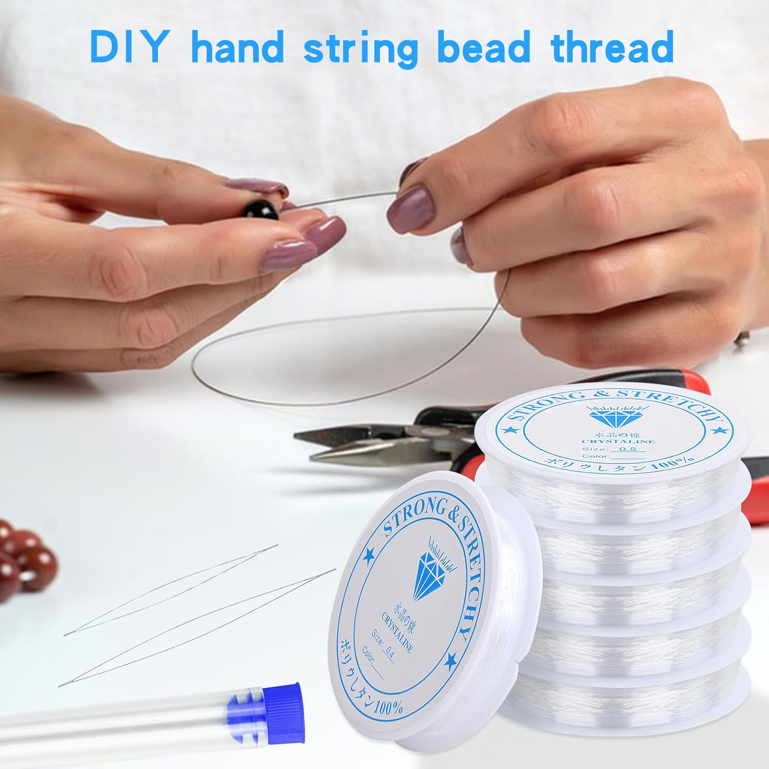 Clear Bracelet Elastic 6 Rolls Clear Bracelet Elastic String, Elastic Cord for Bracelet Making, Durable & Strong Bead Thread, with 3 Bead Needles and 1 Cutter, for Jewellery Making & DIY Bracelets image number 4