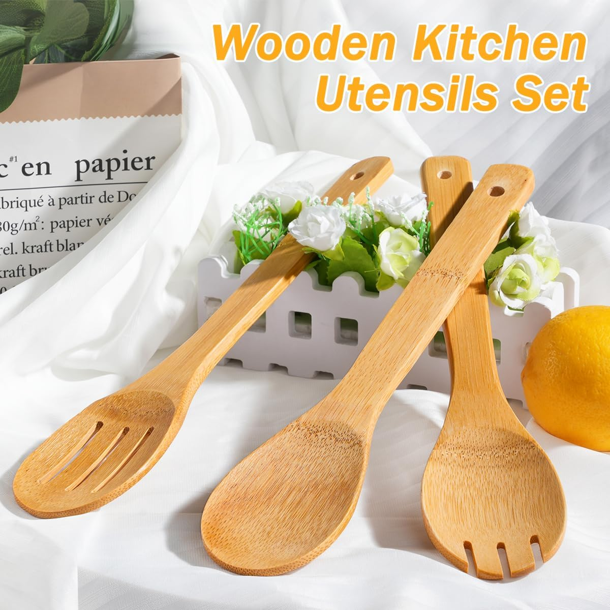 IOOLEEM 6 Pcs Bamboo Wooden Spoons, 12Inch, Non-Stick Kitchen Utensils Set, Natural and Durable Wooden Spatula Spoons for Non-Stick Pan image number 1