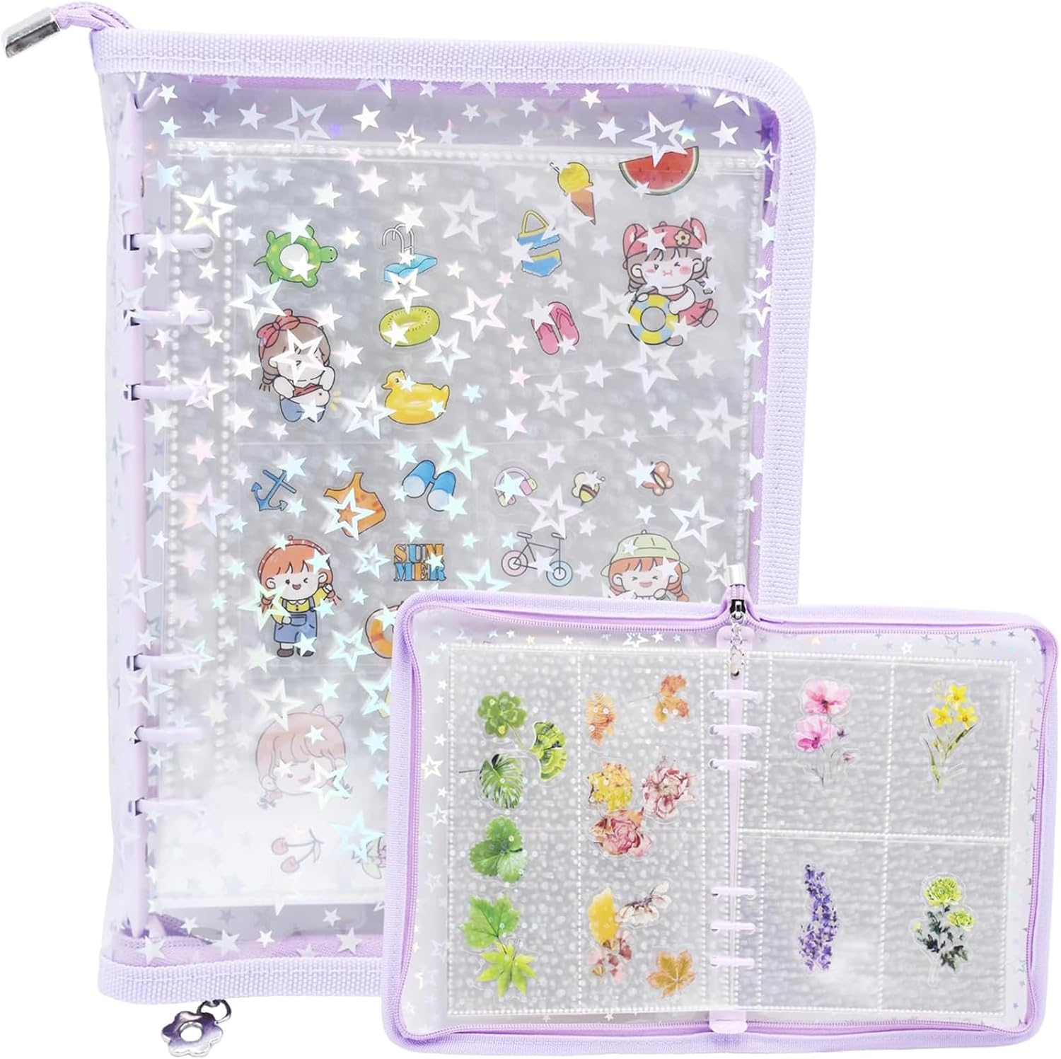 Transparent Zipper Sticker Storage Organizer Binder Album, 90 Pockets for Jewelry, Scrapbook & Collecting Stickers (Pink)