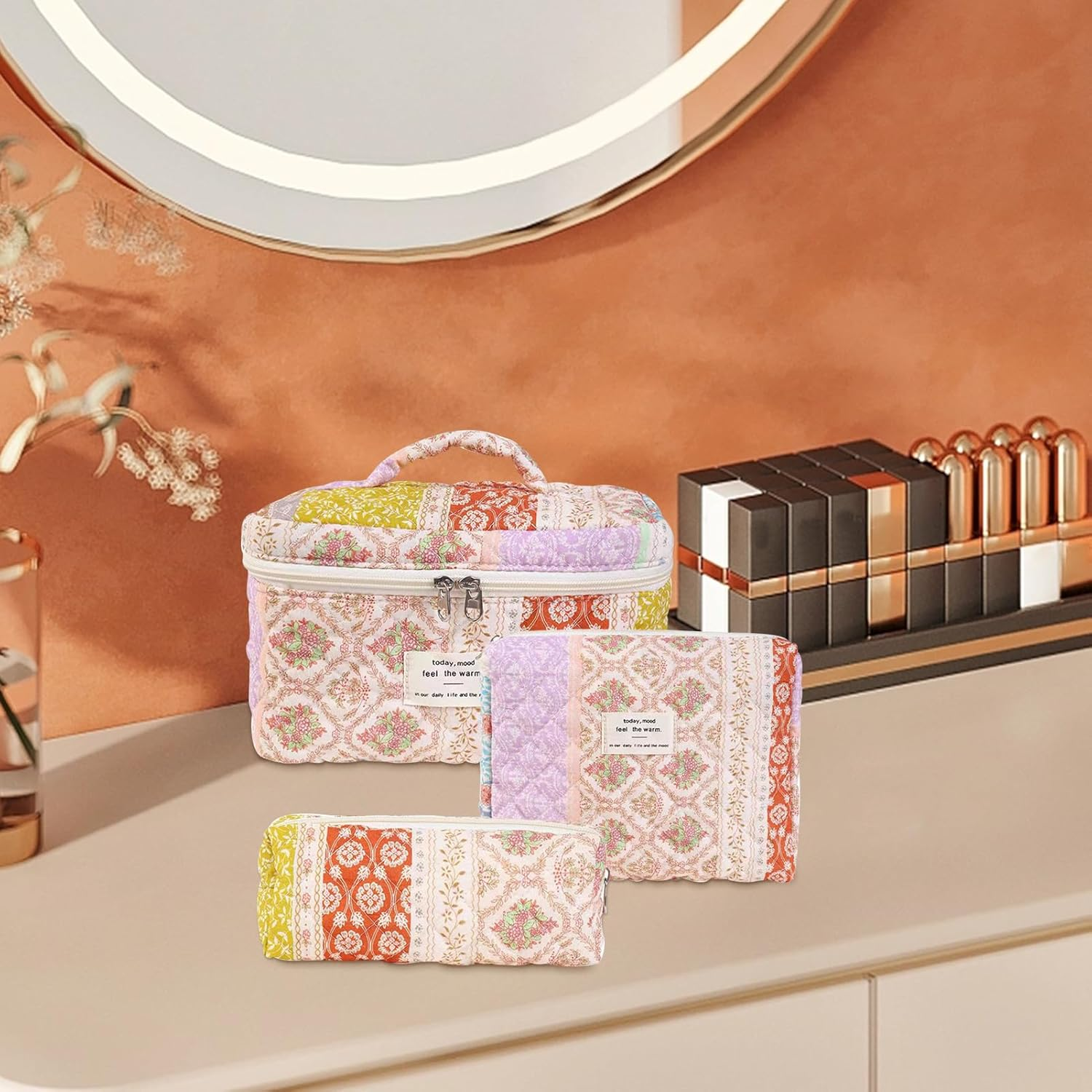 Toiletry Bag Set of 3, Floral Quilted Makeup Bag for Women, Large Capacity Aesthetic Floral Cosmetic Bags for Travel, Travel Skincare Cosmetic Organizer, Wash Organizer Pouch for Ladies Girls