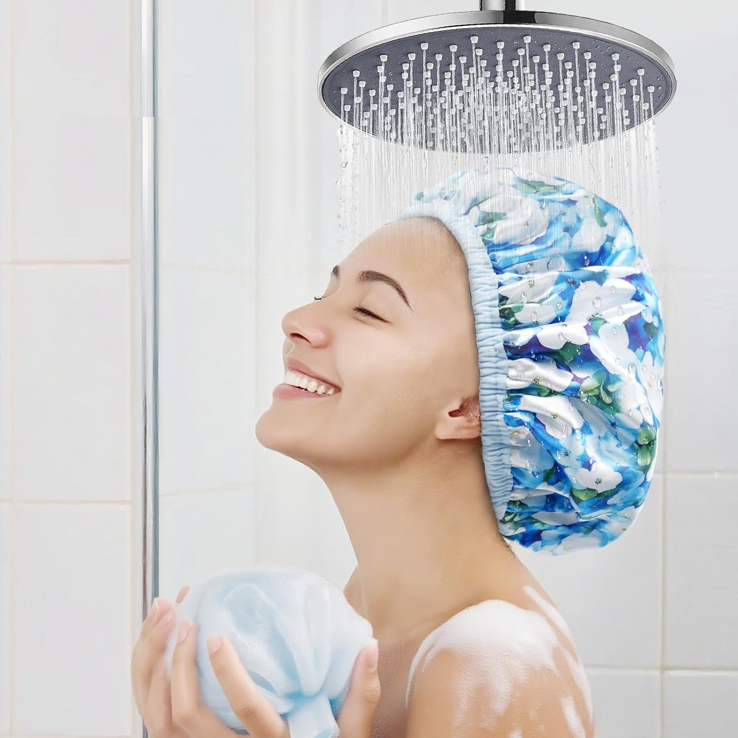 Upgraded Waterproof Terry Shower Caps, Reusable Shower Cap for Women with Long Hair, Soft Absorbent Hair-Protecting Towel Lining Bath Cap, Large Leak-Proof Hair Cap with Fashionable Print Outer-Blue