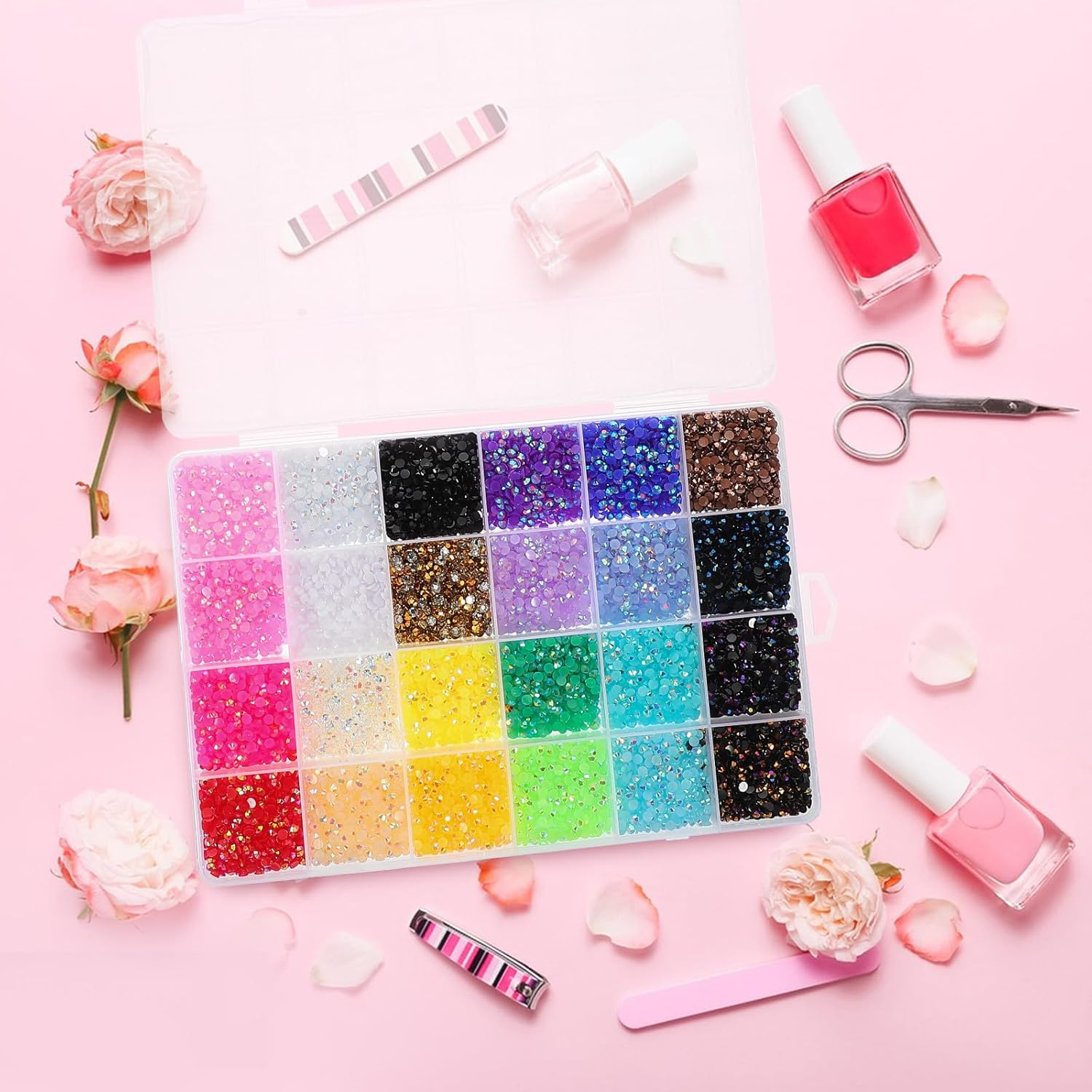 Jojofuny 24000Pcs 3Mm Flatback Nail Rhinestones, 24-Color Ab Gems for Nail Art and Crafts, Colorful Rhinestones Decorations with Glue for DIY Bedazzling and Jewelry Design image number 4