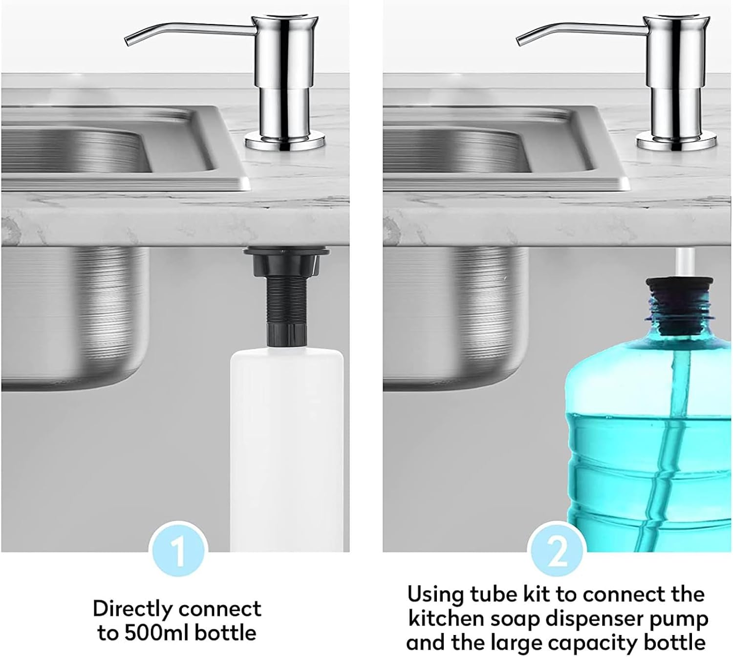 Maizoon Built-In Soap Dispenser for Kitchen 304 Stainless Steel Pump Head with 500ML/17OZ Bottle and 100Cm/39Inches Extension Tube Dish Soap Hand Lotion Dispenser Bright Silver - Black image number 7