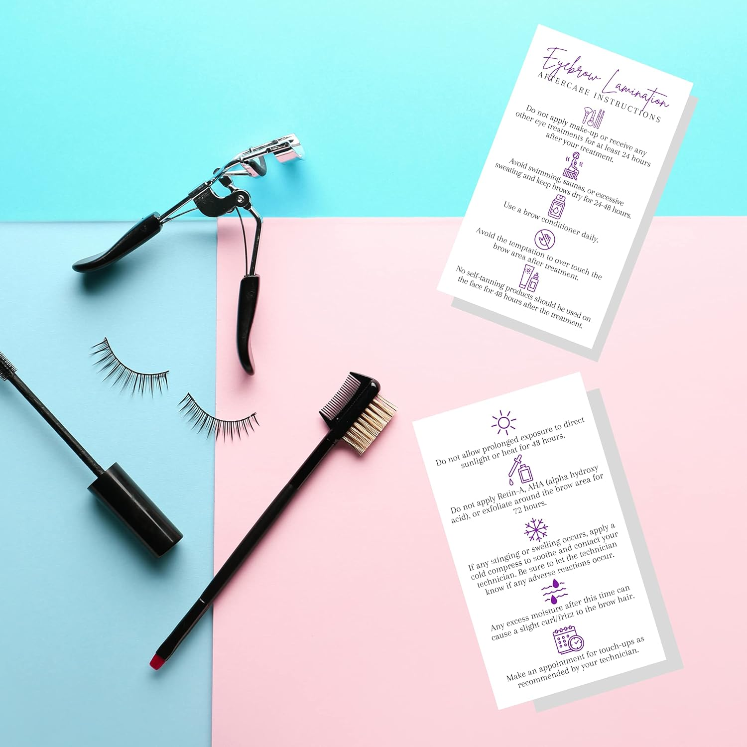 Brow Lamination Aftercare Card | 50 Pack | 2X3.5&rdquo; Inches Business Card Size | Starter Lift Kit at Home DIY Brow Lift and Tint | Snatched Brows White with Purple Design image number 3