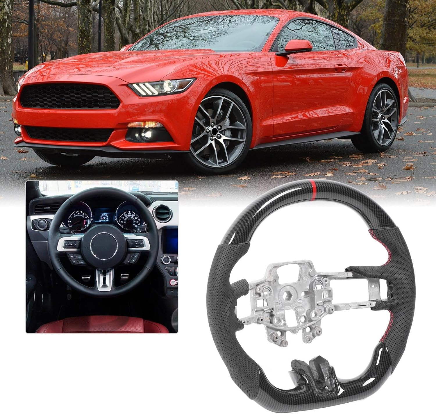 Carbon Fiber Steering Wheel for Mustang V6 Ecoboost GT Shelby 2015-2017, Ergonomic anti Slip Grip, ABS Material, Universal Steering Wheel image number 1