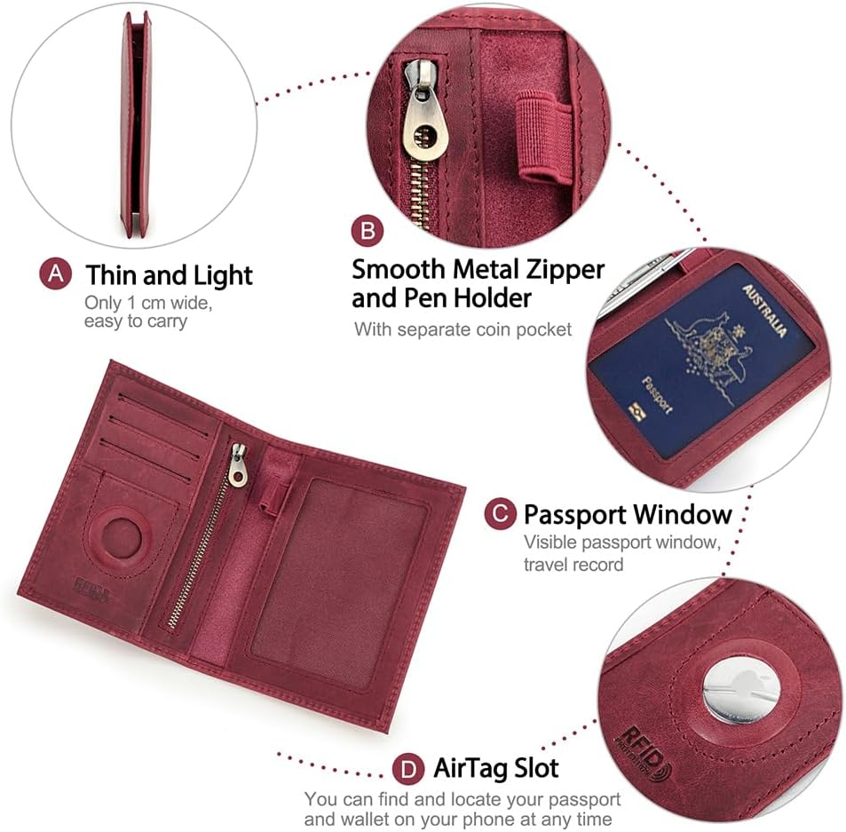 Contacts Full Grain Leather Passport Holder for Women RFID Blocking Travel Passport Wallet Slim Compatible with Airtag Passport Case with Coin Pocket, 4 Card Slot (Badge, Red) image number 2
