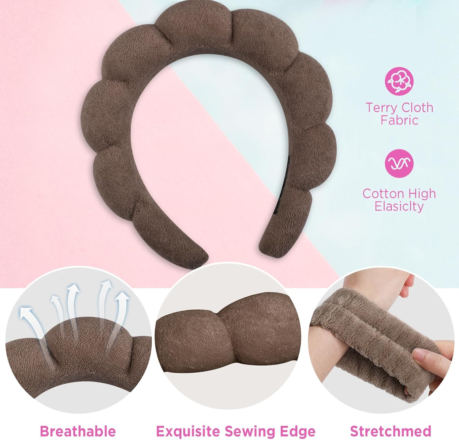 WD&CD Spa Makeup Headband Set, Headband Skincare Headband for Woman, Face Wash Wristband and Scrunchies for Hair, Coffee - Brown image number 6