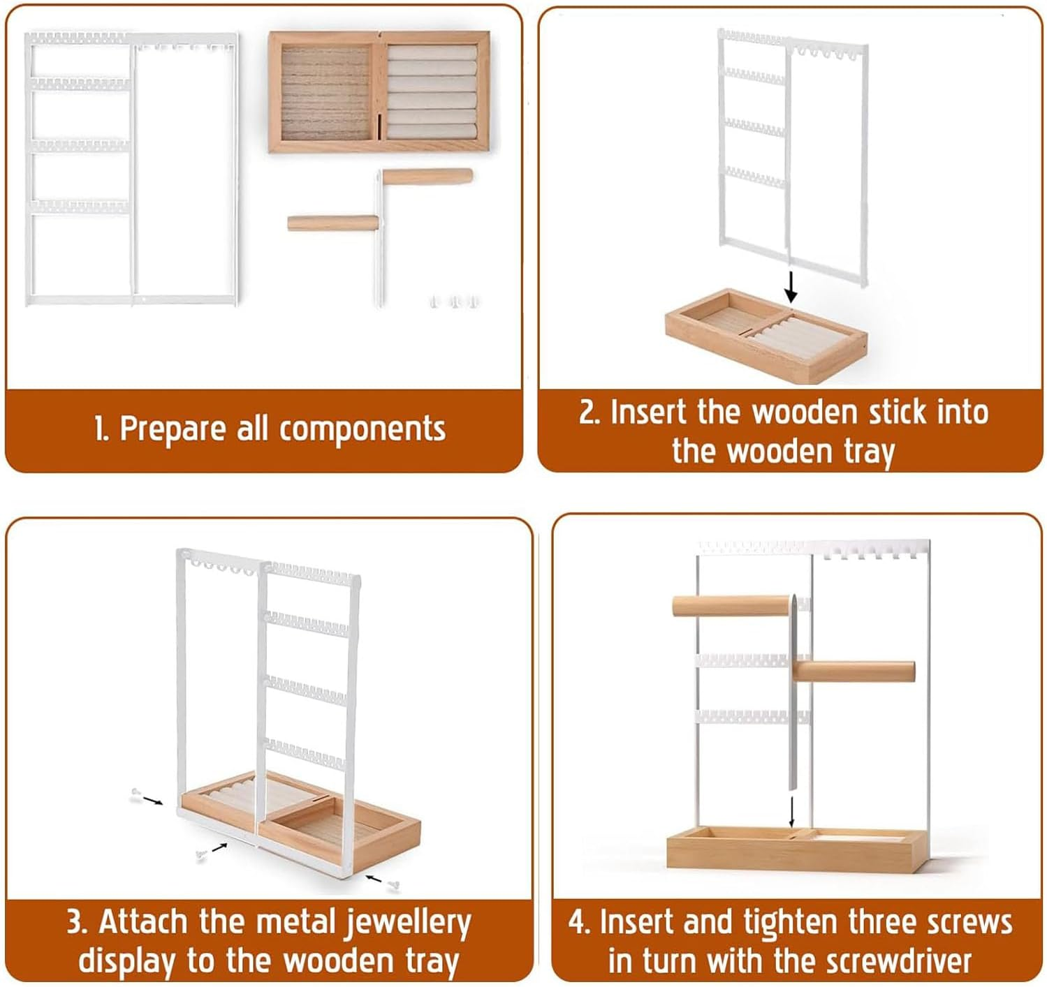 Paifeancodill Jewellery Stand Earring Stand Holder Jewelry Display Stands Necklace Holder Jewellery Holder with Storage Tray and Holes Wooden Jewellery Organiser Fornecklaceearringkeywatch (Gold) image number 6