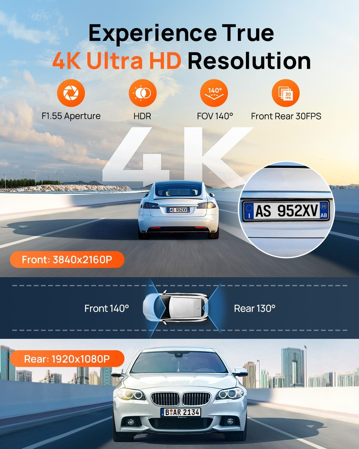 70Mai A800SE Dash Cam Car Front Rear 4K UHD+1080P with GPS Wifi, Dual Car Camera with 128GB SD Card, F1.55 Aperture HDR, Night Vision, ADAS, 3 "IPS, 24/7 Parking Monitoring, Supports 512 GB Max image number 1