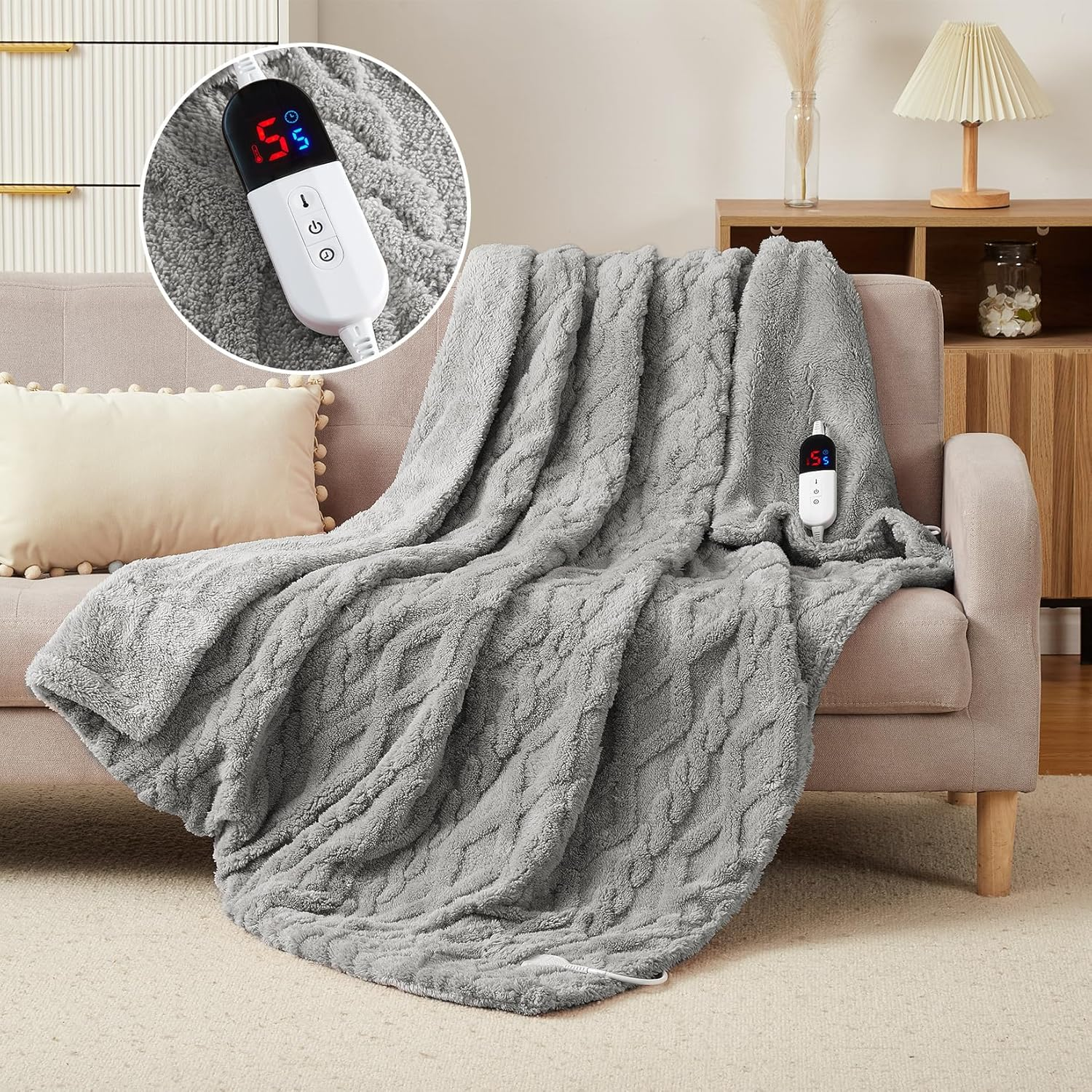 Heated Throw Blanket - 160X130Cm Thick Tufted Sherpa Electric Blanket with 6 Heat Settings and 10H Auto-Off, SAA Certified Overheat Protection Machine Washable Fast Heated Blanket, Gery image number 3