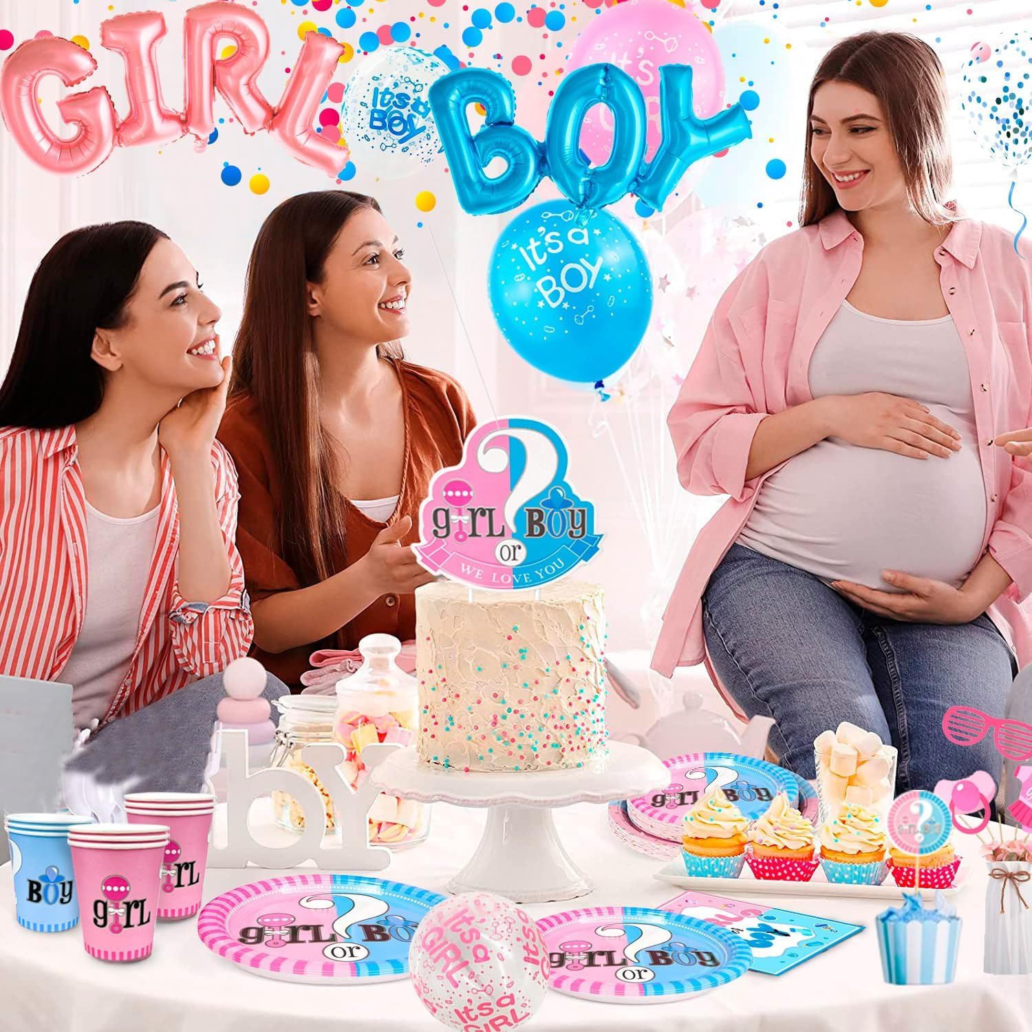 Gender Reveal Party Supplies,118Pcs Gender Reveal Party Decorations & Tableware Set- Gender Reveal Plates and Napkins and Cups and Tableware & Boy or Girl Banner Balloons Fringe Photo Booth Props Etc image number 3