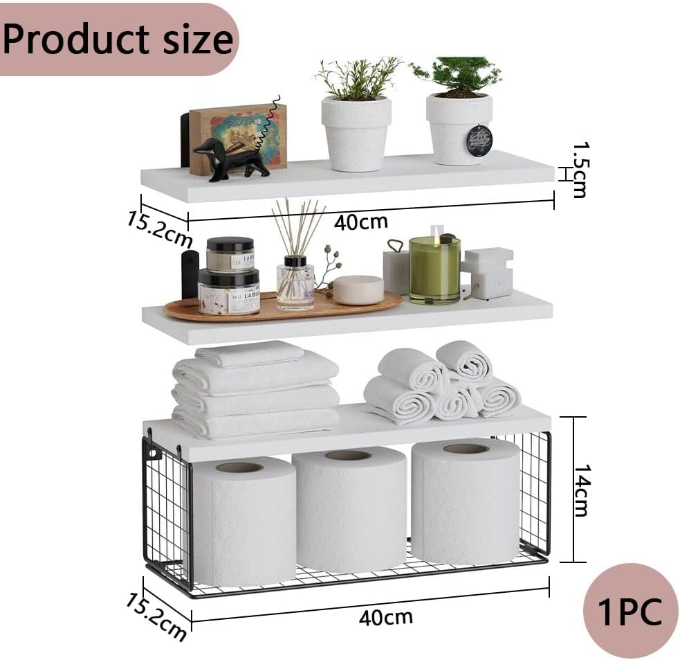 Wall Mounted Bathroom Shelf over Toilet with Storage Basket White Floating Shelves for Bathroom Kitchen Bedroom image number 2