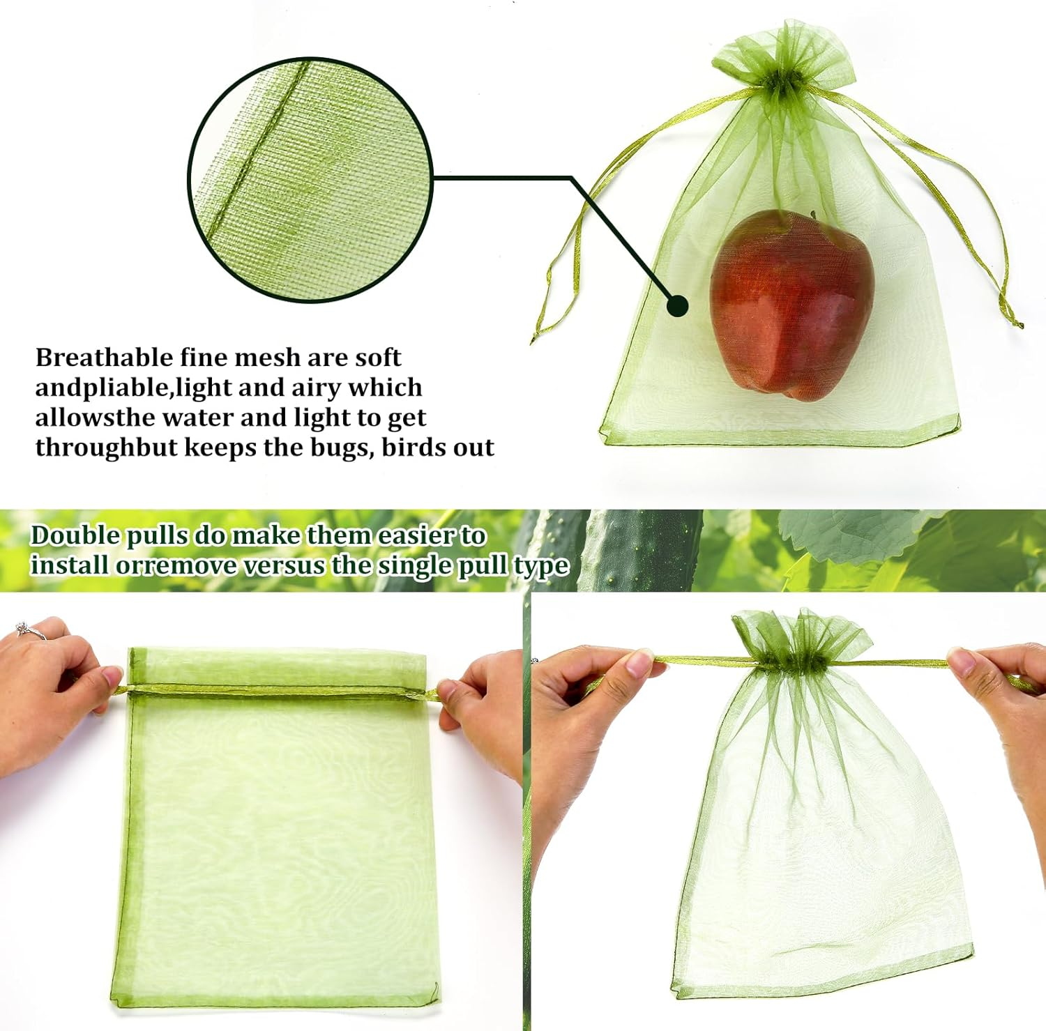 50 PCS 8X12 Inches Fruit Protection Bags, Fruit Bags for Fruit Trees, Green Netting Fruit Cover Bags Drawstring Mesh Fruit Protectors Pest Barrier for Fruit Trees Veggies Garden
