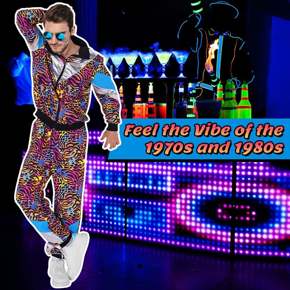 AUTOWT 70S 80S Shell Suit with Leopard Pattern, Women Men Lightweight Long Sleeve Zippered Jacket Pant Set, Color Block Retro Disco Sportswear Hip Hop Tracksuit for Rock Festivals Carnival Party