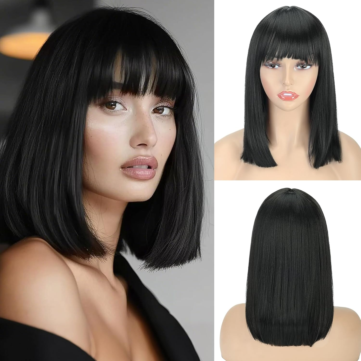QUEENTAS Short Black Bob Hair Wigs for Women Light Black Wig Full Head with Bangs Synthetic Hair Straight Black Bob Wig for Daily Party Cosplay image number 5