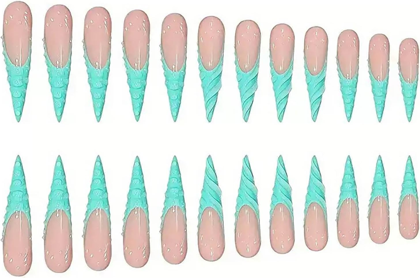 RUOKEXIN Long Stiletto Press on Nails French Tip Fake Nails Blue False Nails with Designs Extra Long Nail Press Ons Sparkly Artificial Nails Cute Stick on Nails for Women 24Pcs image number 3