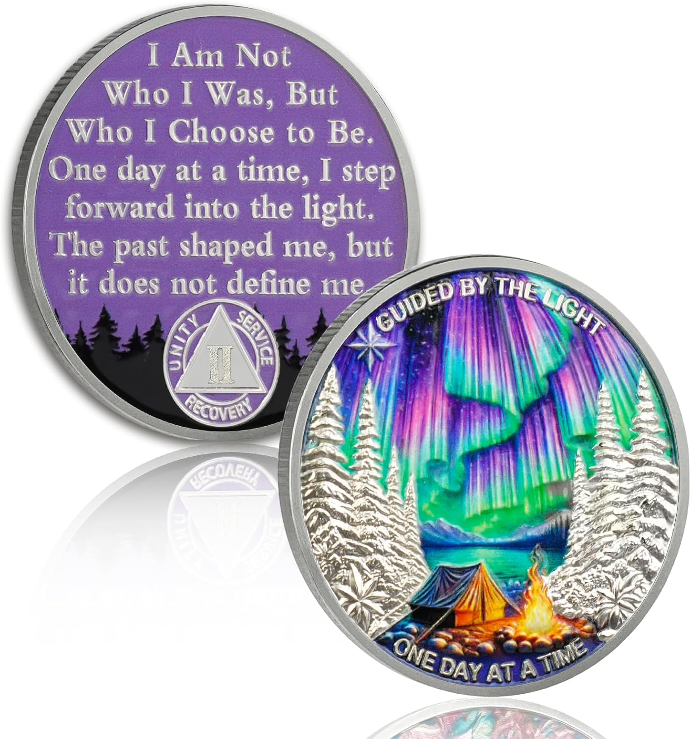 YRCKUDZKG Guided by Northern Lights 2 Year Sobriety Coin - One Day at a Time AA Coin, Alcohol Free Two Year Recovery Chip with Token Capsule, Sobriety Gifts for Men Women
