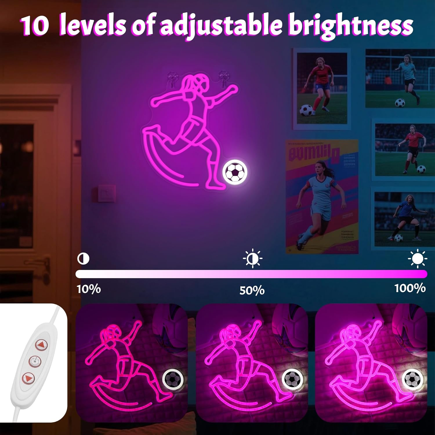 Okiyid Soccer Neon Sign for Girls - Dimmable Sport Wall Decor with USB Power,Unique Gifts for Soccer Girls Women, LED Neon Lights for Friends College Dorm Football Fans Accessories image number 4