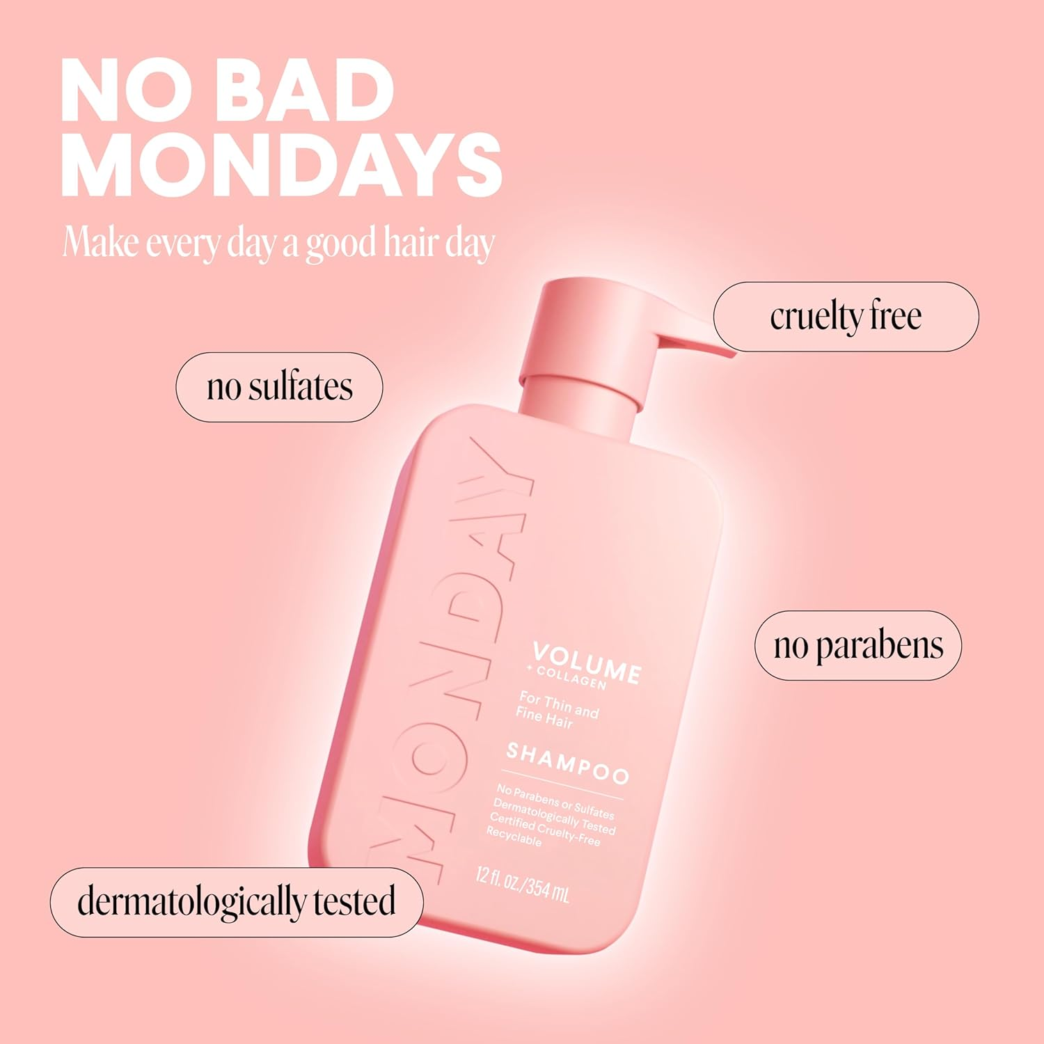 MONDAY HAIRCARE 4 X 354 Ml Volume Shampoo for Thin, Fine, and Oily Hair, Made from Coconut Oil, Ginger Extract, & Vitamin E, 100% Recyclable Bottles