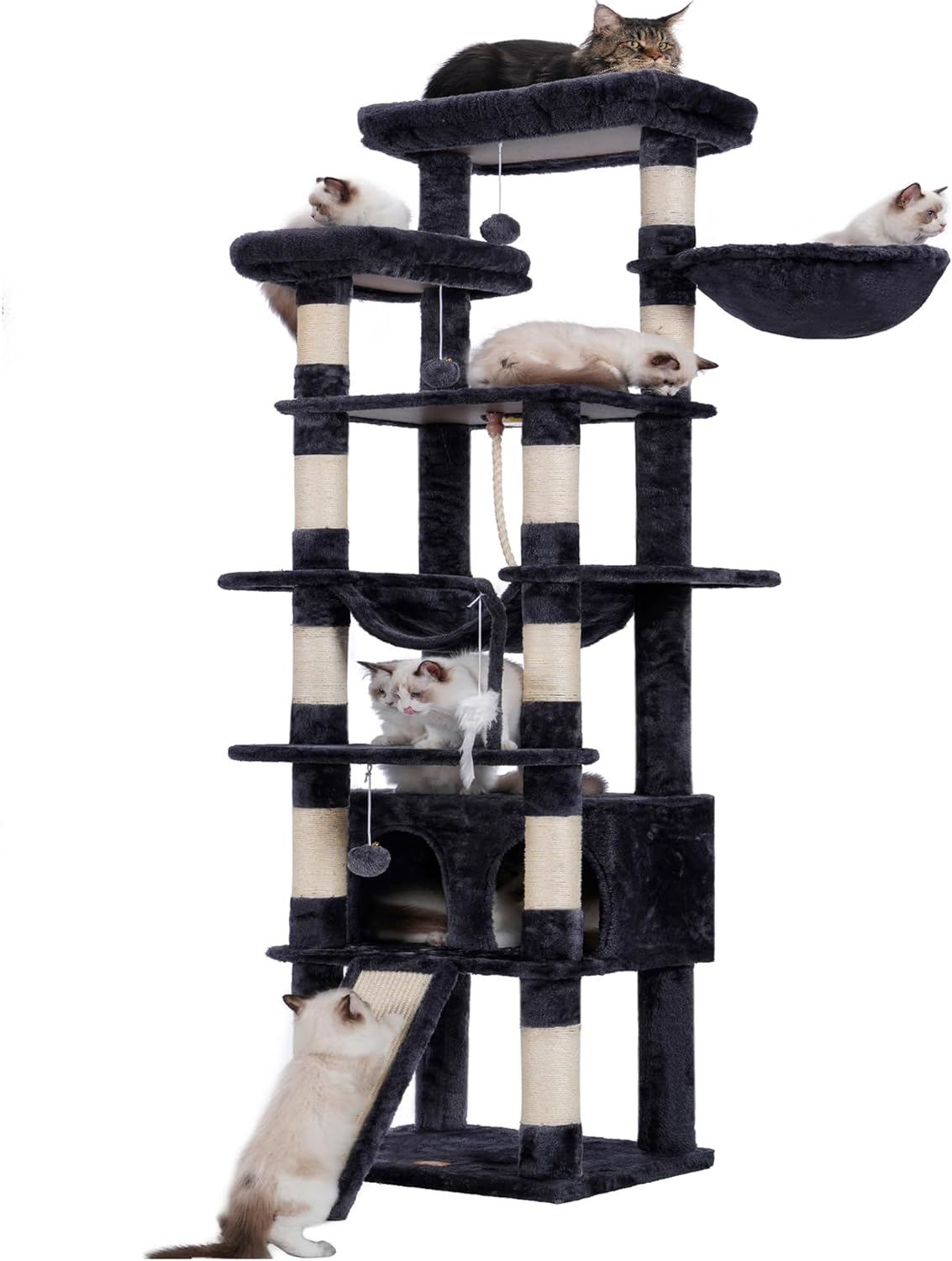 Heybly Tall Cat Tree,78 Inch Multi-Level Cat Tower for Indoor Cats,2 Widened Plush Perches Cat Condo with Scracthing Board and Big Caves,Beige HCT033M