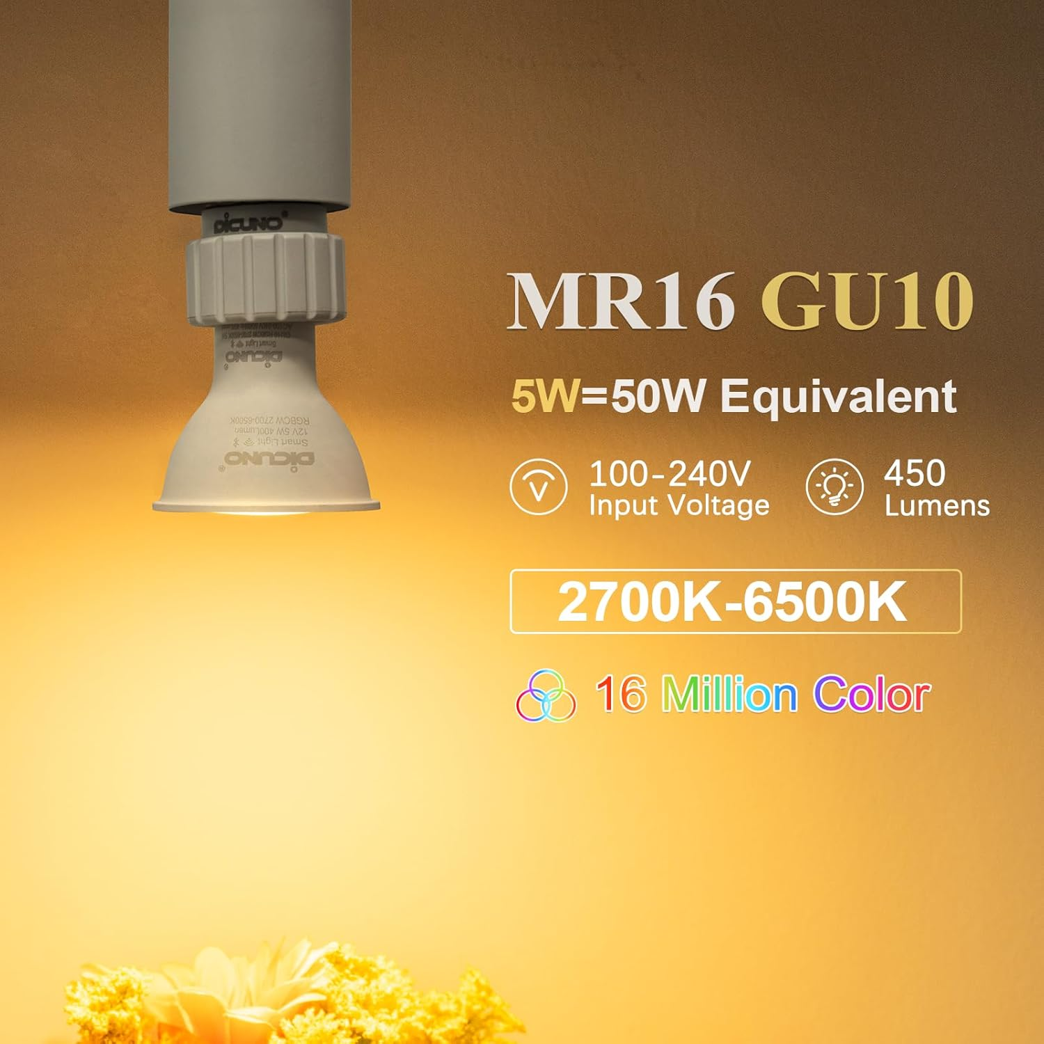 Dicuno GU10 Smart Bulbs, Wifi Light Bulbs, Works with Alexa and Google Home, Dimmable LED Spotlights, 5W = 50W, 450LM, 2700K-6500K, 110 Degree Beam Angle, 100-240V, No Hub Required, Pack of 4 image number 3