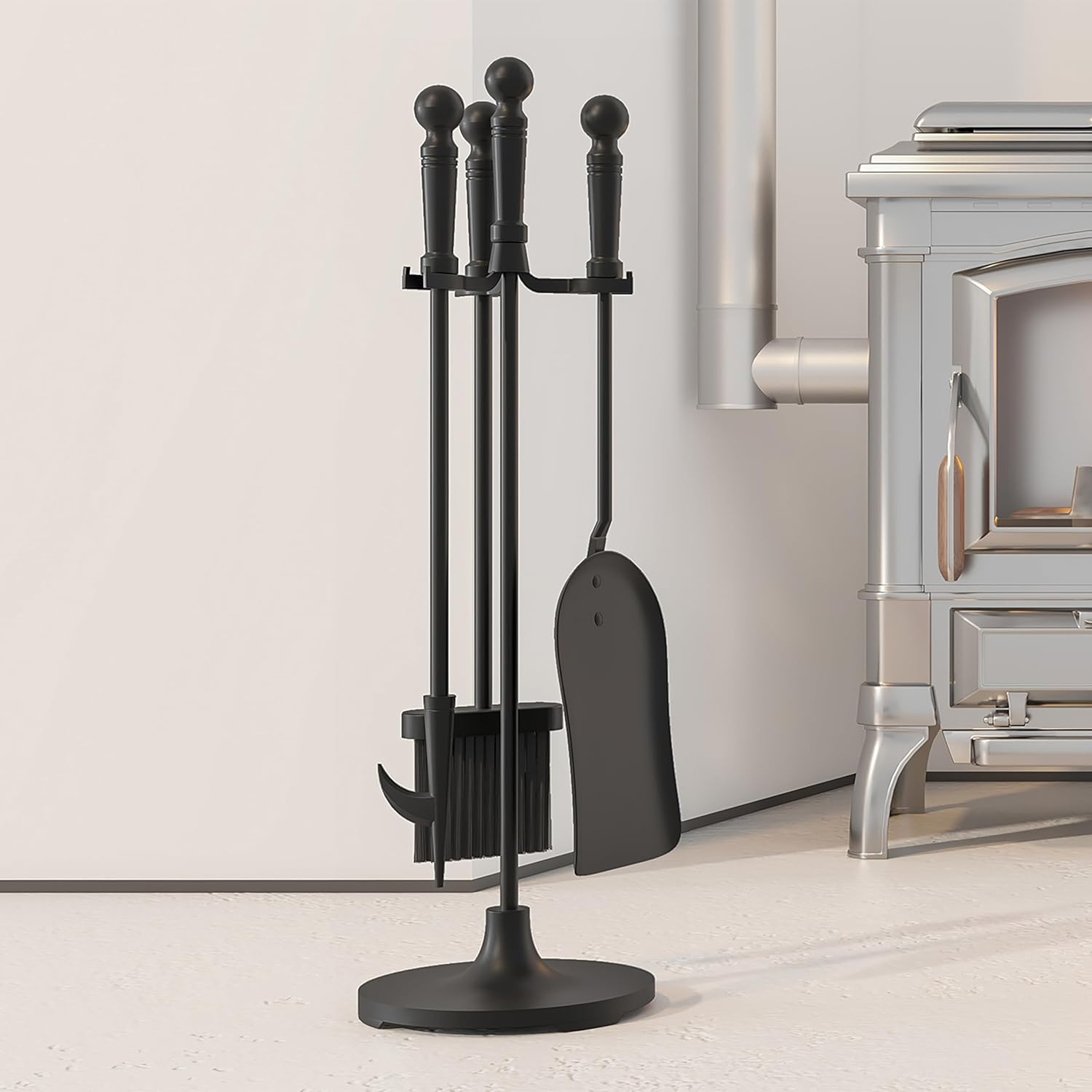 Kingson 4 Piece Cast Iron Fireplace Tool Set Including Brush, Shovel, Poker, Stand, Diameter 16.5 X 53 Cm, Fireplace Companion Set image number 5