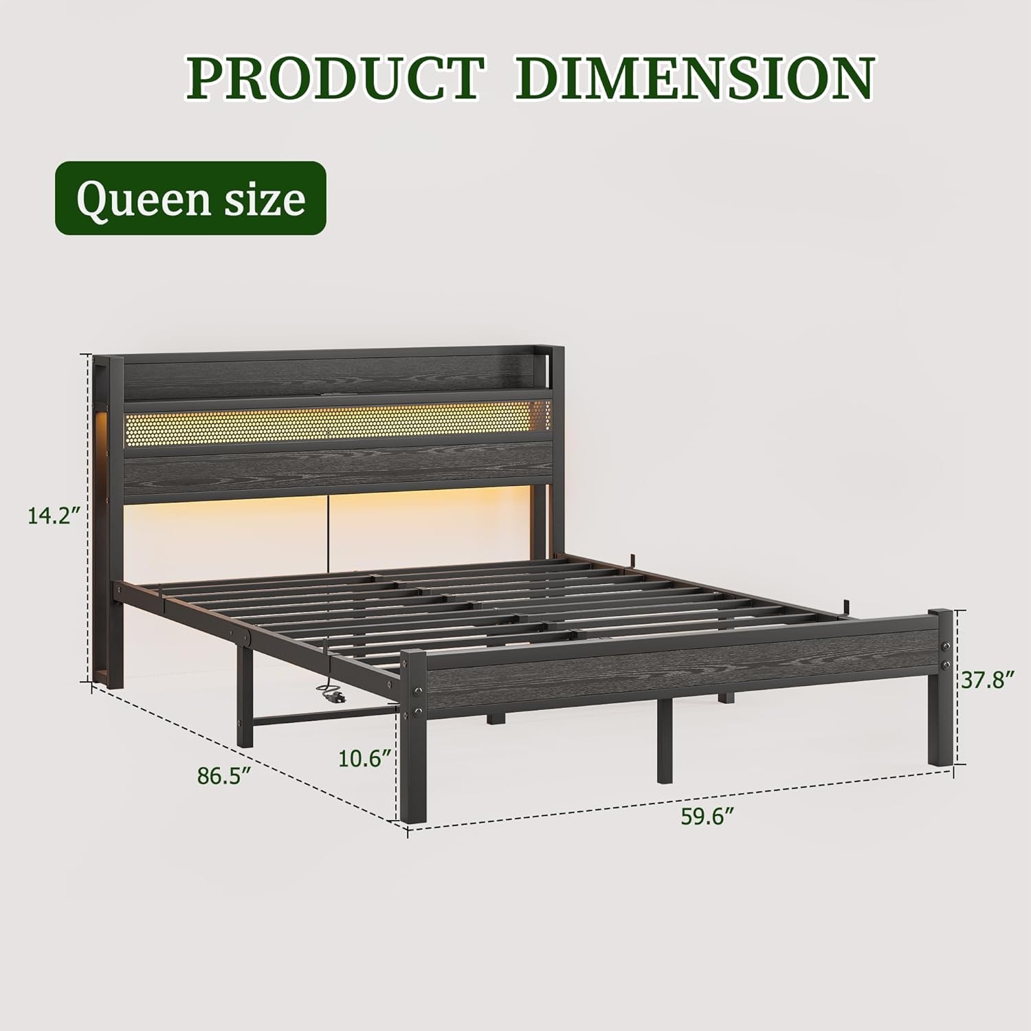 Queen Size Bed Frame with Charging Station, Metal Platform Bed with Storage Headboard Heavy Duty,Noise-Free Mattress Foundation, No Box Spring Needed image number 5