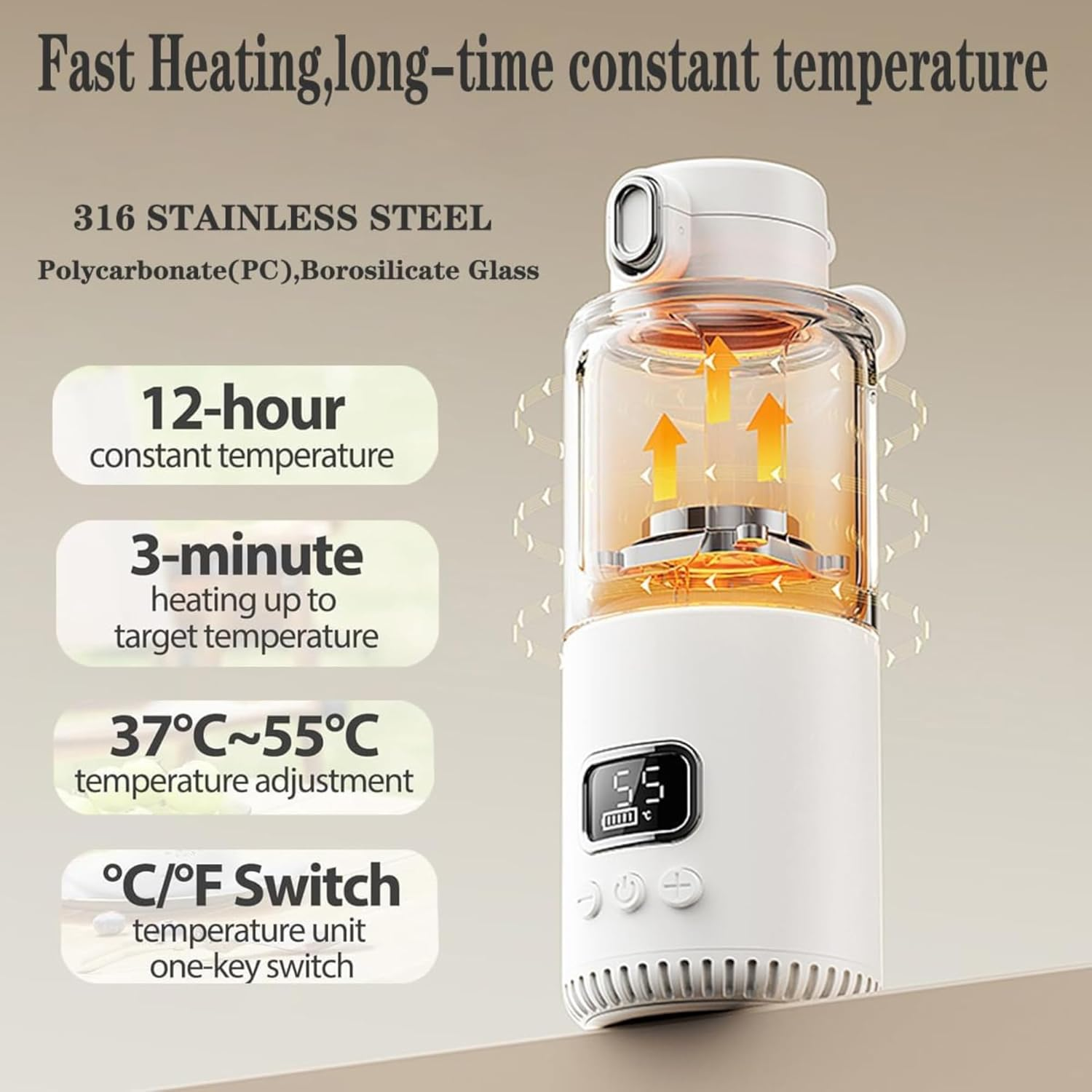 Temperature Control Milk Warmer,Portable Heating Cup with LCD Display 37&deg;C-55&deg;C Water Warmer for Instant Breastmilk, Formula with 350ML Big Capacity
