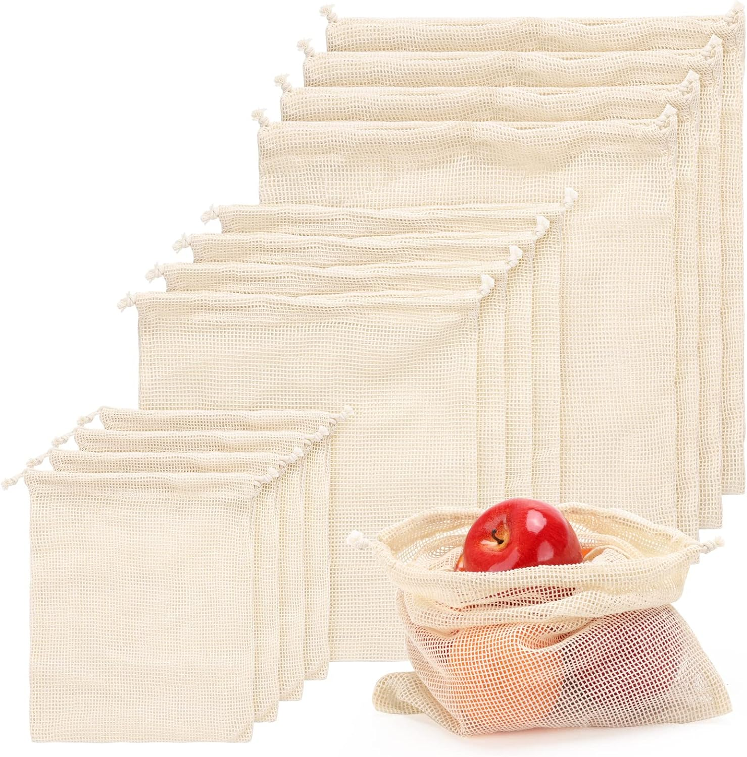 Reusable Produce Bags Grocery Washable - Set of 12 Cotton Mesh Produce Bags for Veggie Fruit Vegetable Storage, 3 Sizes (4L, 4M, 4S)