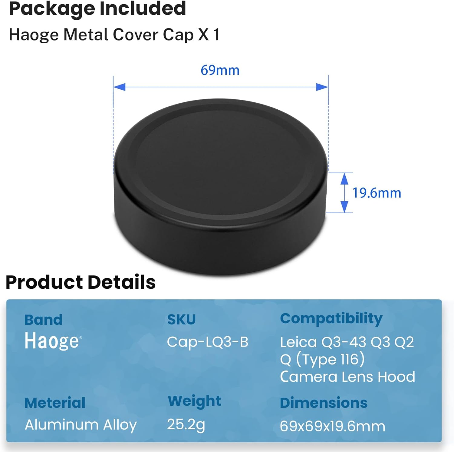 Haoge Metal Front Lens Cap for Leica Q3-43 Q3 Q2 Q Type-116 Type116 Digital Camera Accessories Lens Cover Black Cap-Lq3-B