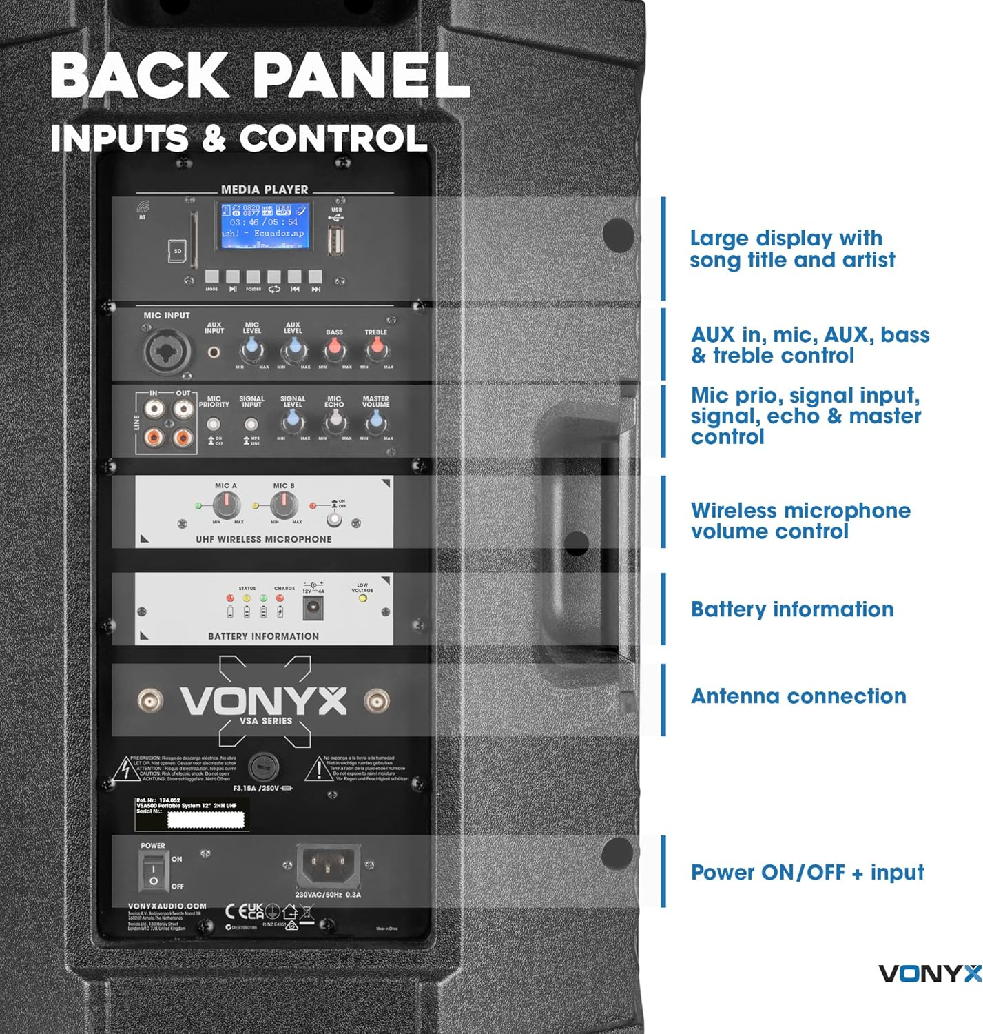 Vonyx VSA700-PA 15&Prime; Portable PA Speaker with Wireless Mics image number 3