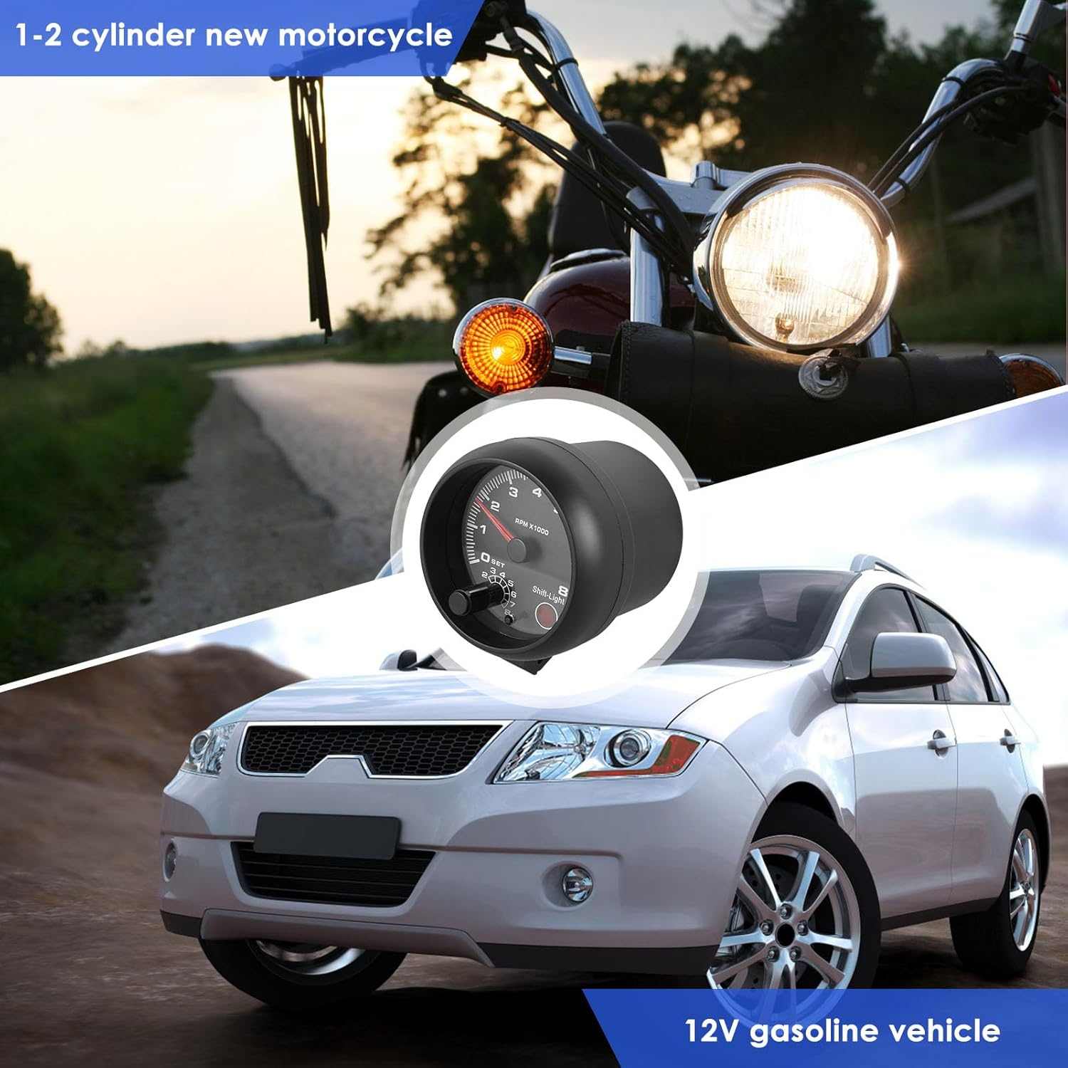 Car Tachometer Gauge Universal Car RPM Tachometer Gauge 3.75In Automobile Tachometer Adjustable Blue Inter Shift Light 0-8000RPM with Install Accessories for 12V Petrol Cars 1-2 Cylinder Motorbike image number 6