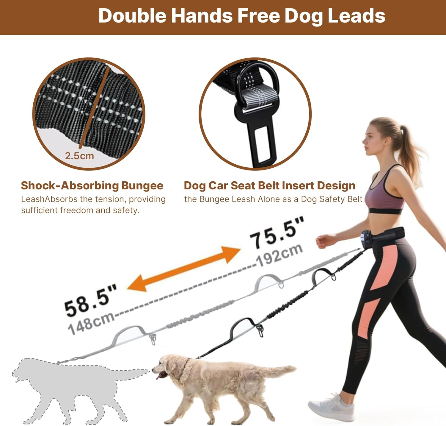 VCCLFSIA Hands Free Dog Leash with Zipper Pouch, Dog Running Leash with Adjustable Waist Belt, Double Padded Handles, Safety Harness Buckle, Reflective Retractable Bungee for Medium & Large Dogs
