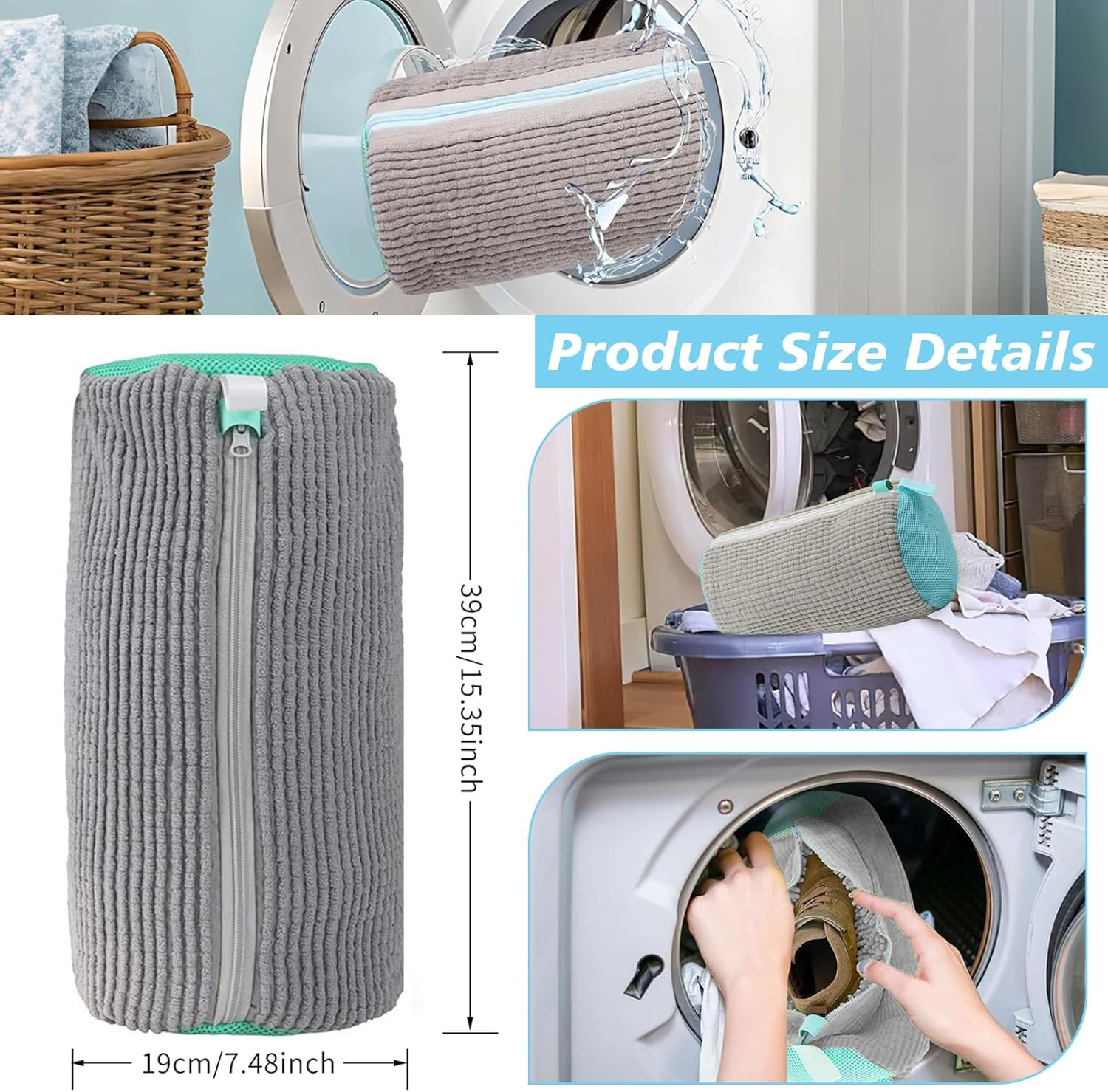2 Pcs Shoe Washing Bag for Washing Machine, Reusable & Durable Laundry Mesh Bags for Washer & Dryer, Plush Protection for Sneakers, Trainers, Tennis Shoes, Gentle Wash & Dry Delicates (Grey) image number 1