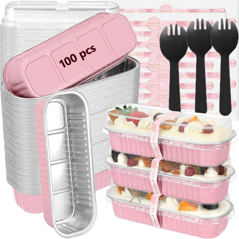 100 Pack Mini Loaf Pans with Lids and Spoons Sealing Sticker, 200Ml Mini Cake Pans for Baking, Aluminum Foil Loaf Pans, Pink Mini Loaf Baking Pans, Small Cake Containers with Lids image number 6
