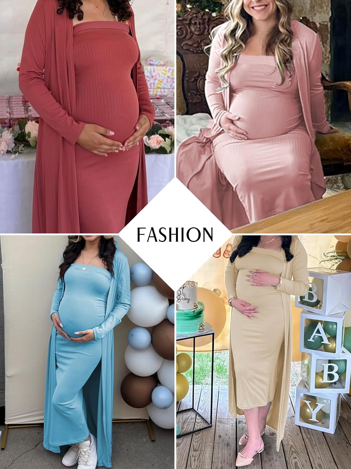 Ecavus Maternity Tube Dress Long Cardigan 2 Piece for Baby Shower and Wedding Guest Ribbed Maternity Photoshoot Dresses image number 3