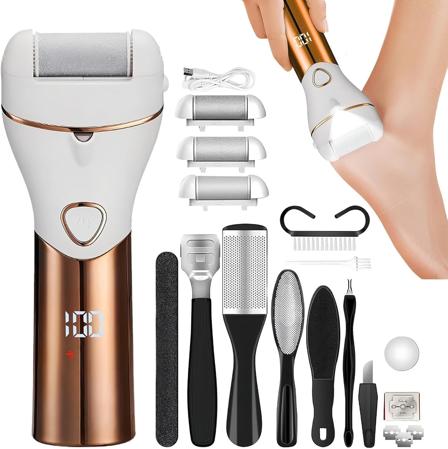 Electric Callus Remover - Rechargeable Dead Skin Remover,Electric Foot Care Kit with 3 Grinding Heads for Hard Cracked Dry Dead Skin