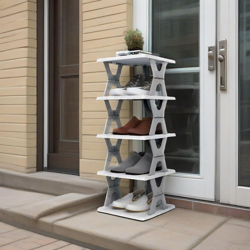 Foldable Vertical Shoe Rack, X-Design Tall Shoes Organiser for Narrow Space, Corner Shelf for Single Dormitory or Small Room (Gray, 5 Tier) image number 5