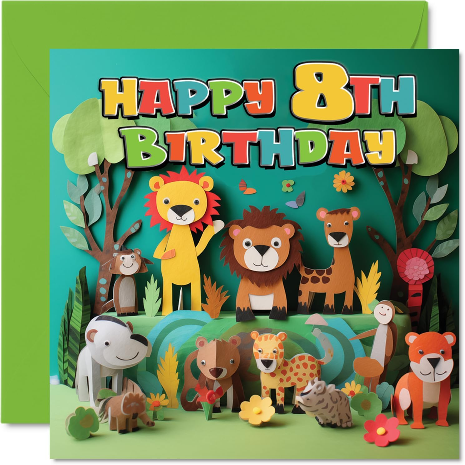 8Th Birthday Card for Boys Girls - Jungle Animals - Happy Birthday Card 8 Year Old Boy Girl, Eighth Birthday Cards for Him Her, 145Mm Greeting Cards for Nephew Niece Children Kids (NOT 3D POP UP) image number 2