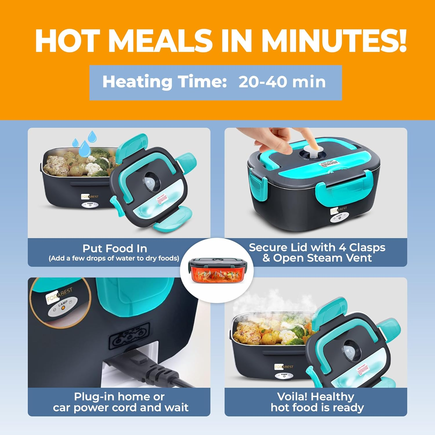 FORABEST Electric Lunch Box - Fast 60W Food Heater 3-In-1 Portable Food Warmer Lunch Box for Car & Home &ndash; Leak Proof, 2 Compartments, Removable 304 Stainless Steel Container, Fork, Spoon and Carry Bag image number 5