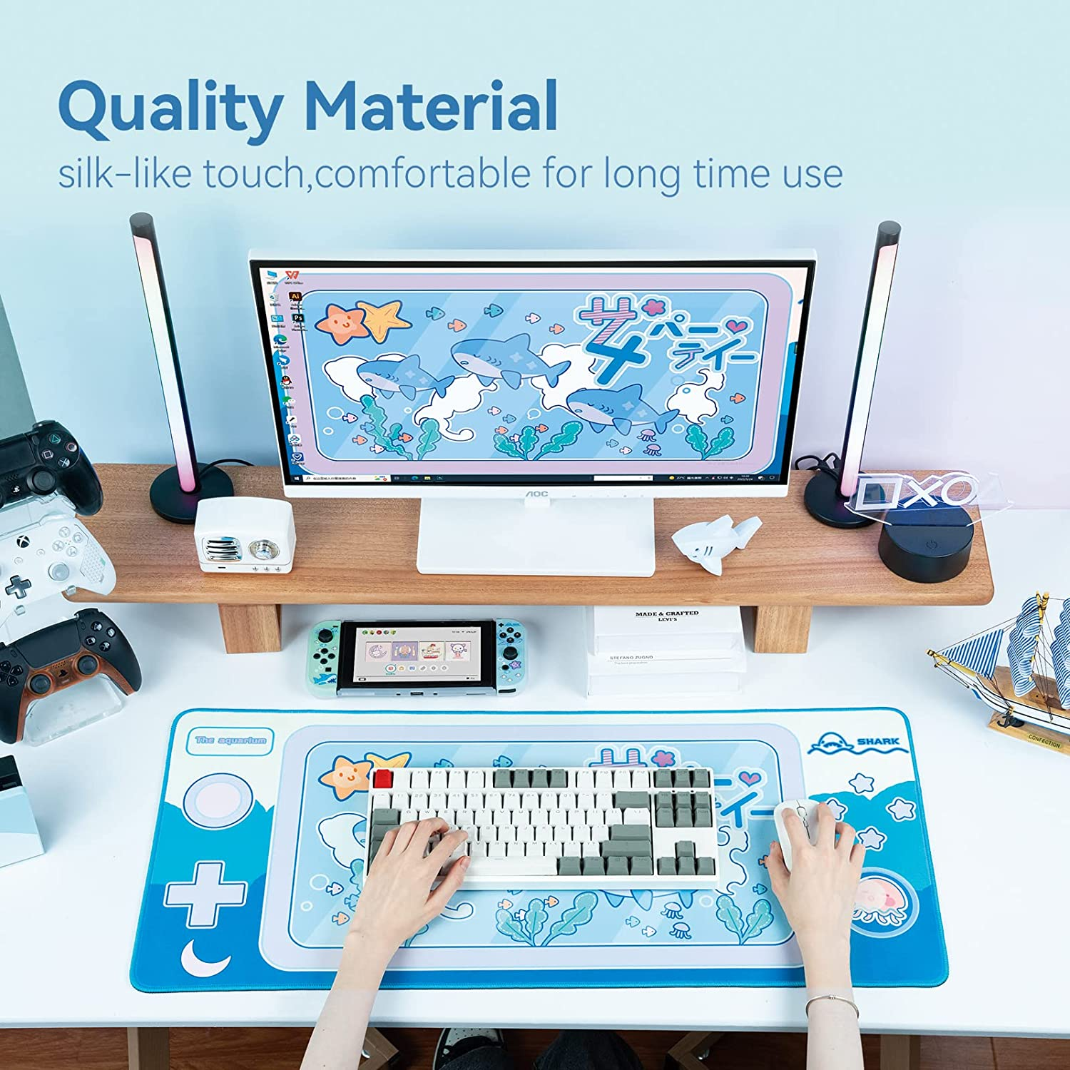 Geekshare Cute Shark Party Mouse Pad - Large Non-Slip Rubber Base Desk Mat for Keyboard and Mouse, Perfect for Gaming, Writing, or Home Office Work image number 5