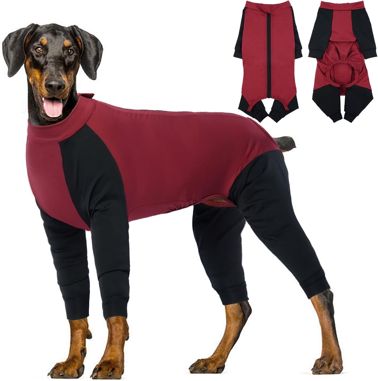 Hjyokuso Dog Pajamas with Zipper, Dog Onesies for Small Medium Large Dogs, Dog Jumpsuit with Legs, Dog Clothes Pjs Nightwear, Dog Leg Surgery Recovery Suit, Dog Sleeve to Prevent Licking Bite -XS-XXL