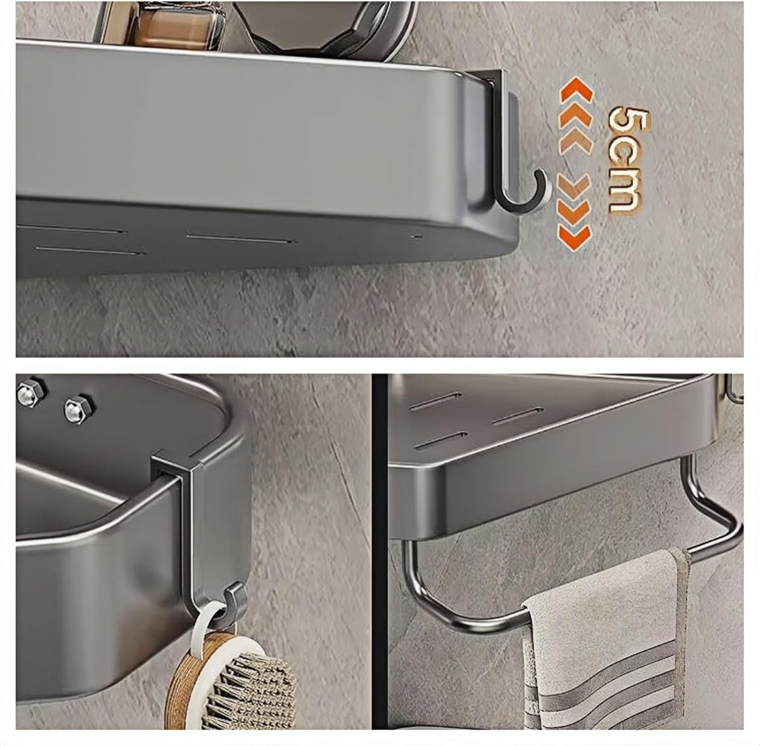 Shower Caddy,Shower Organizer with 2 Hooks, Aluminum Corner Shower Shelf,With Towel Bar Storage Rack Shower Rack for Toilet, Bathroom and Kitchen No Drilling Required image number 5