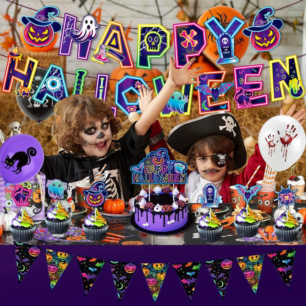 Neon Halloween Party Decorations Kit Glow in the Dark Halloween Background Banner Cake Toppers Balloons Ribbons 20 Pcs 12 Inch Latex Balloons for Black Light Halloween Decor Halloween Effect