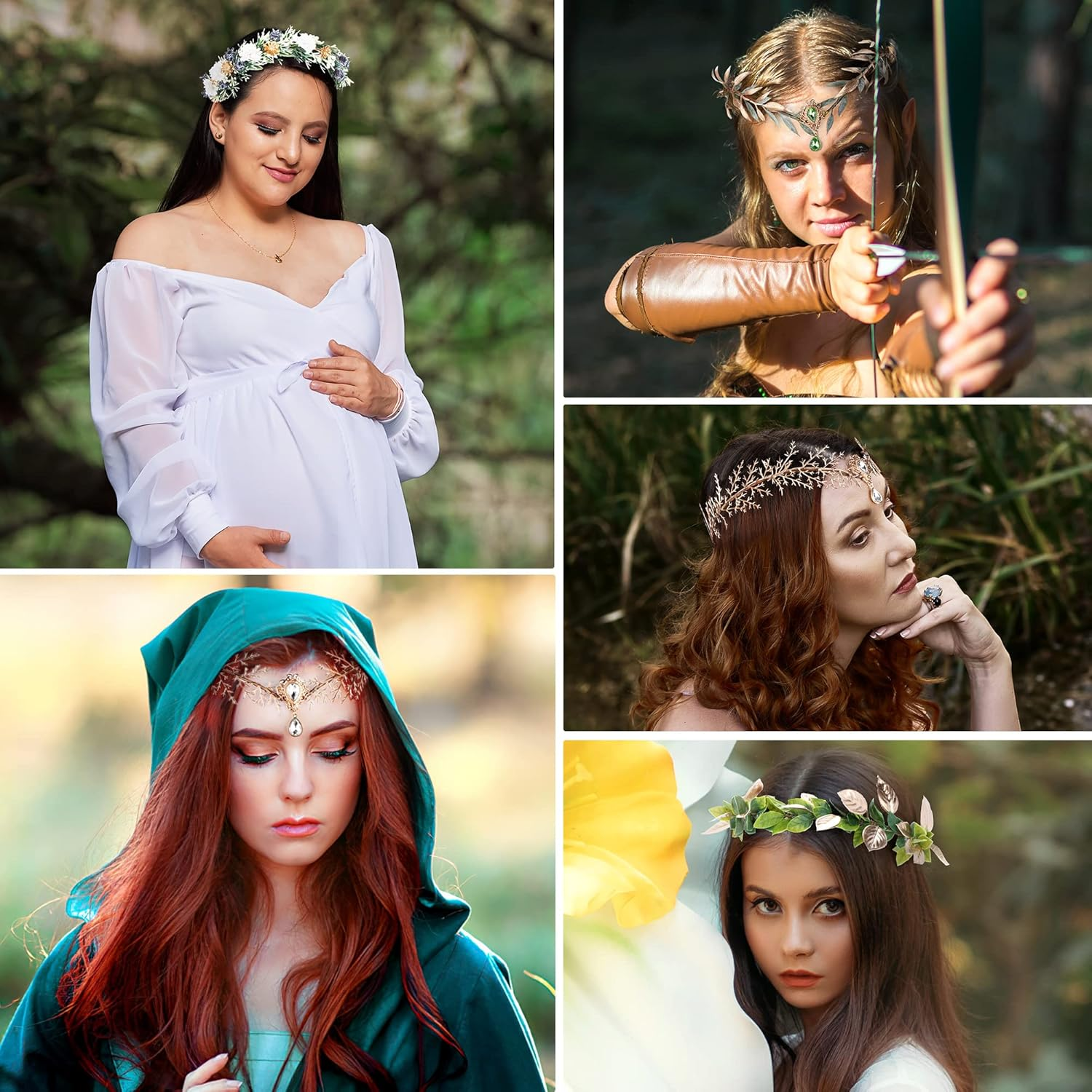 MOSTORY Handmade Fairy Woodland Crown - Forest Elf Headband Flower Circlet Elven Leaf Wreath for Renaissance Halloween Cosplay Women Girls Photoshoot Green Gold image number 2